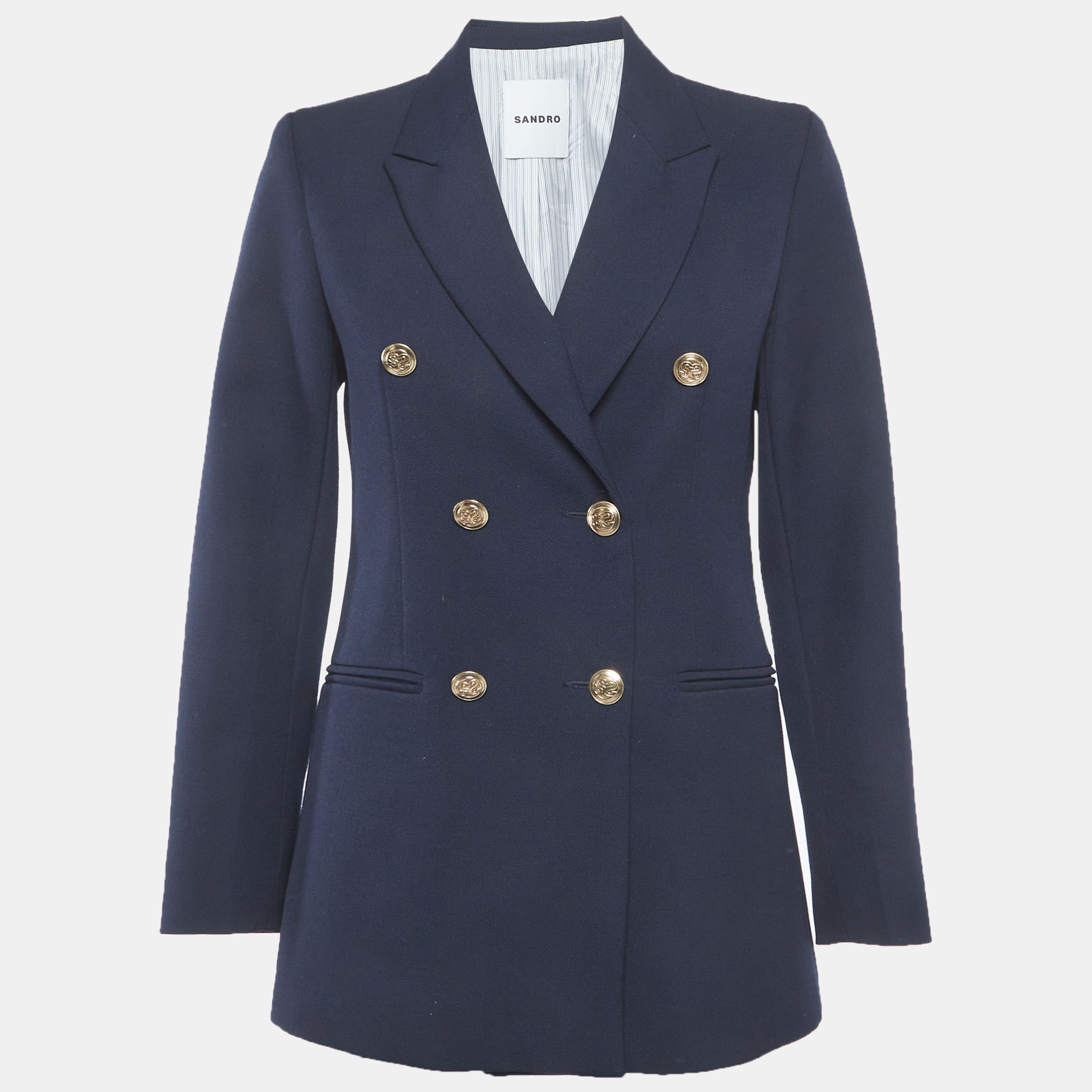 Pre-owned Sandro Navy Blue Gabardine Double-breasted Blazer S