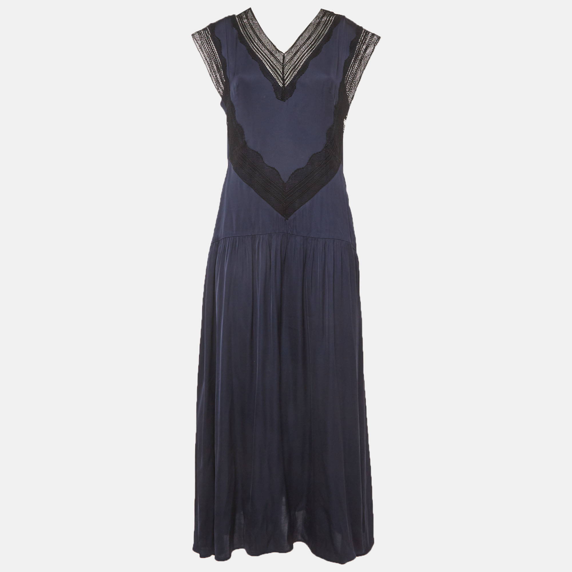 

Sandro Navy Blue Satin Eloy Lace-Inset Maxi Dress M
