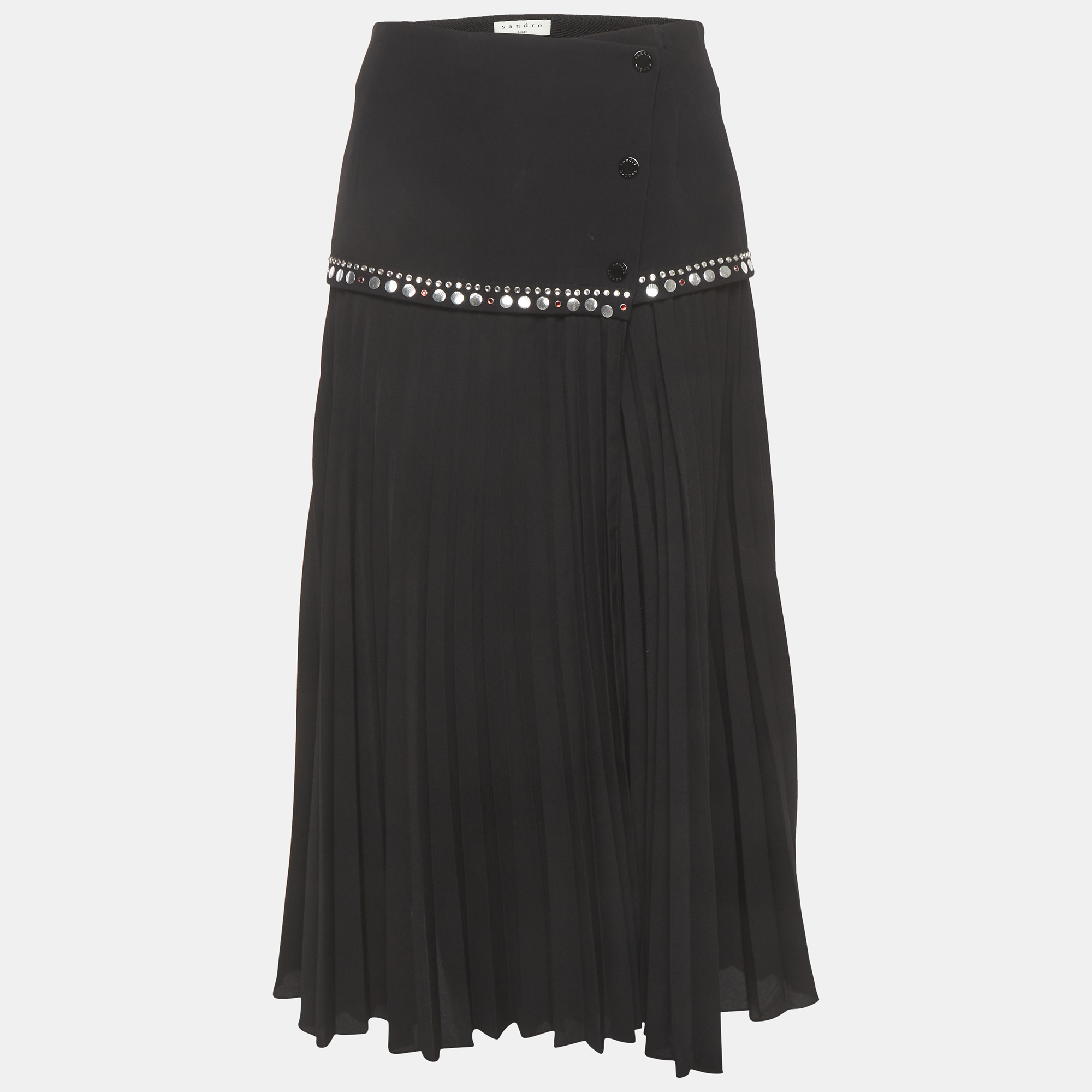 

Sandro Black Crepe Embellished Plisse Midi Skirt M