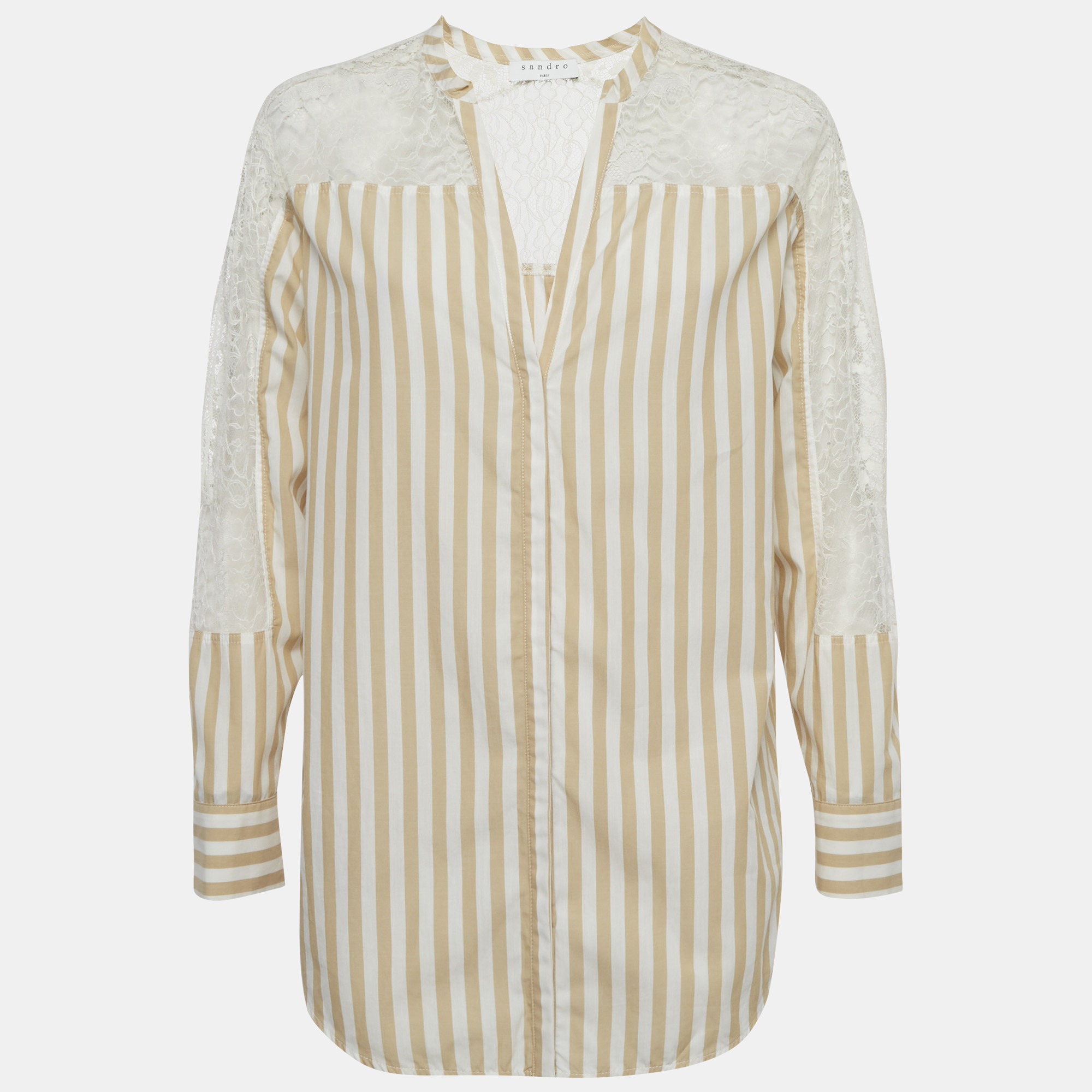 

Sandro Beige & White Striped Cotton & Lace Shirt M