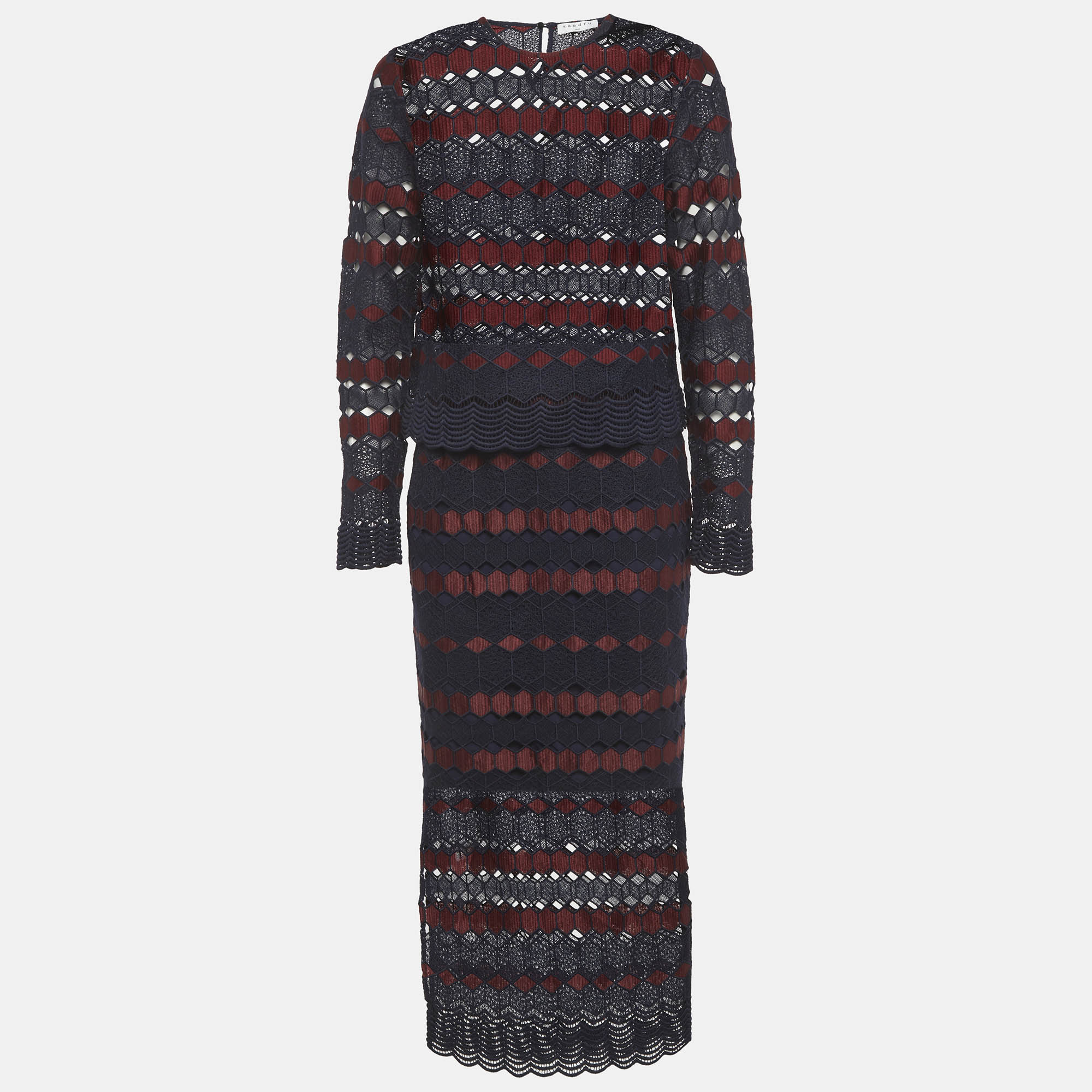 

Sandro Blue/Maroon Lace Top and Pencil Skirt Set L/M