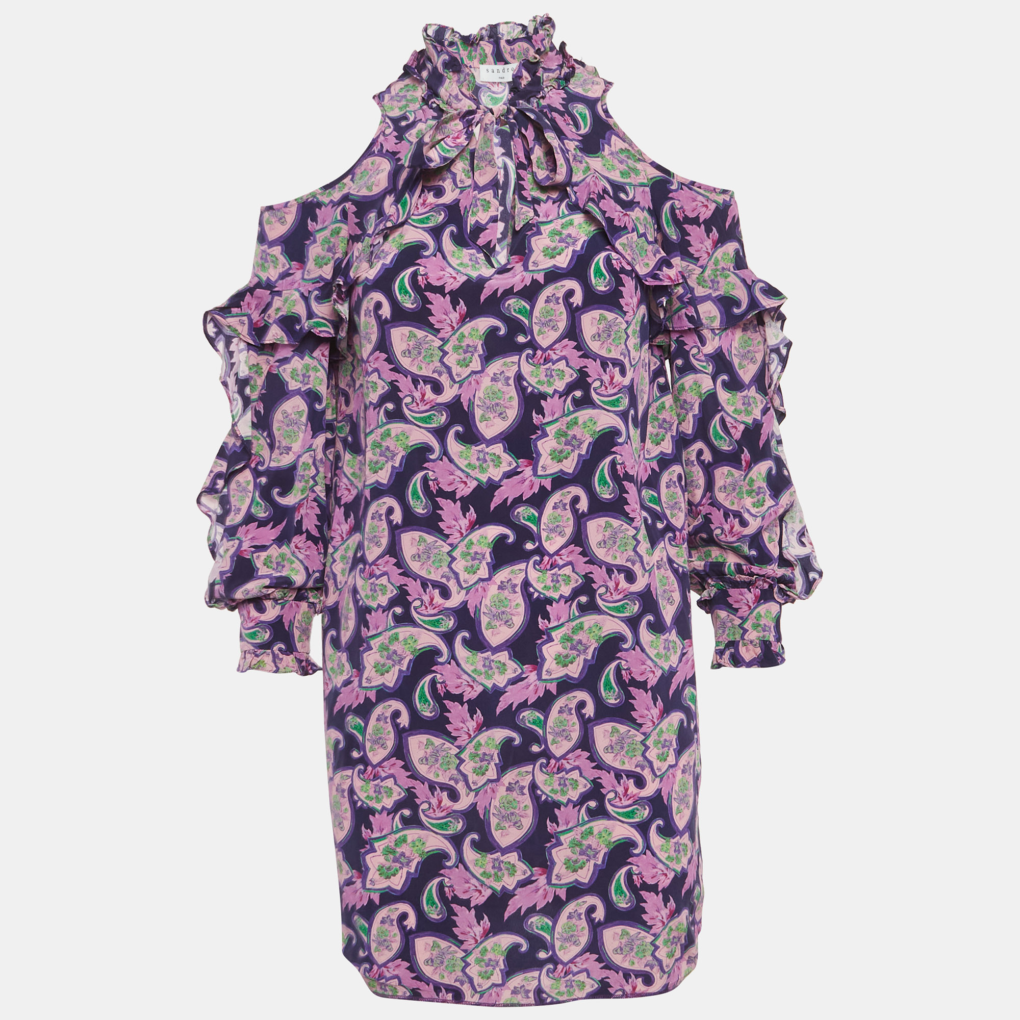 

Sandro Purple Printed Silk Ruffled Cold-Shoulder Dress S