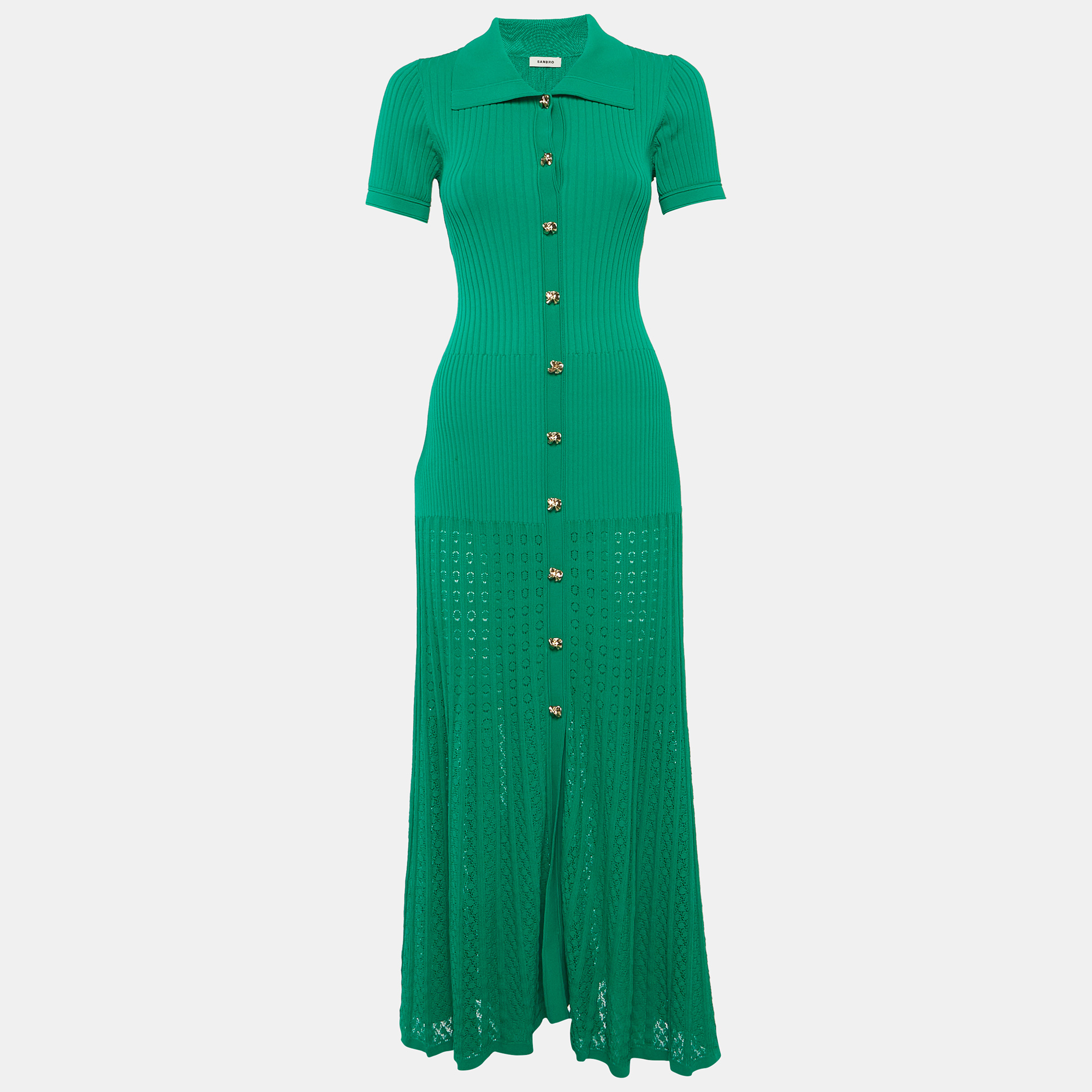 

Sandro Green Rib Knit Flared Maxi Dress M