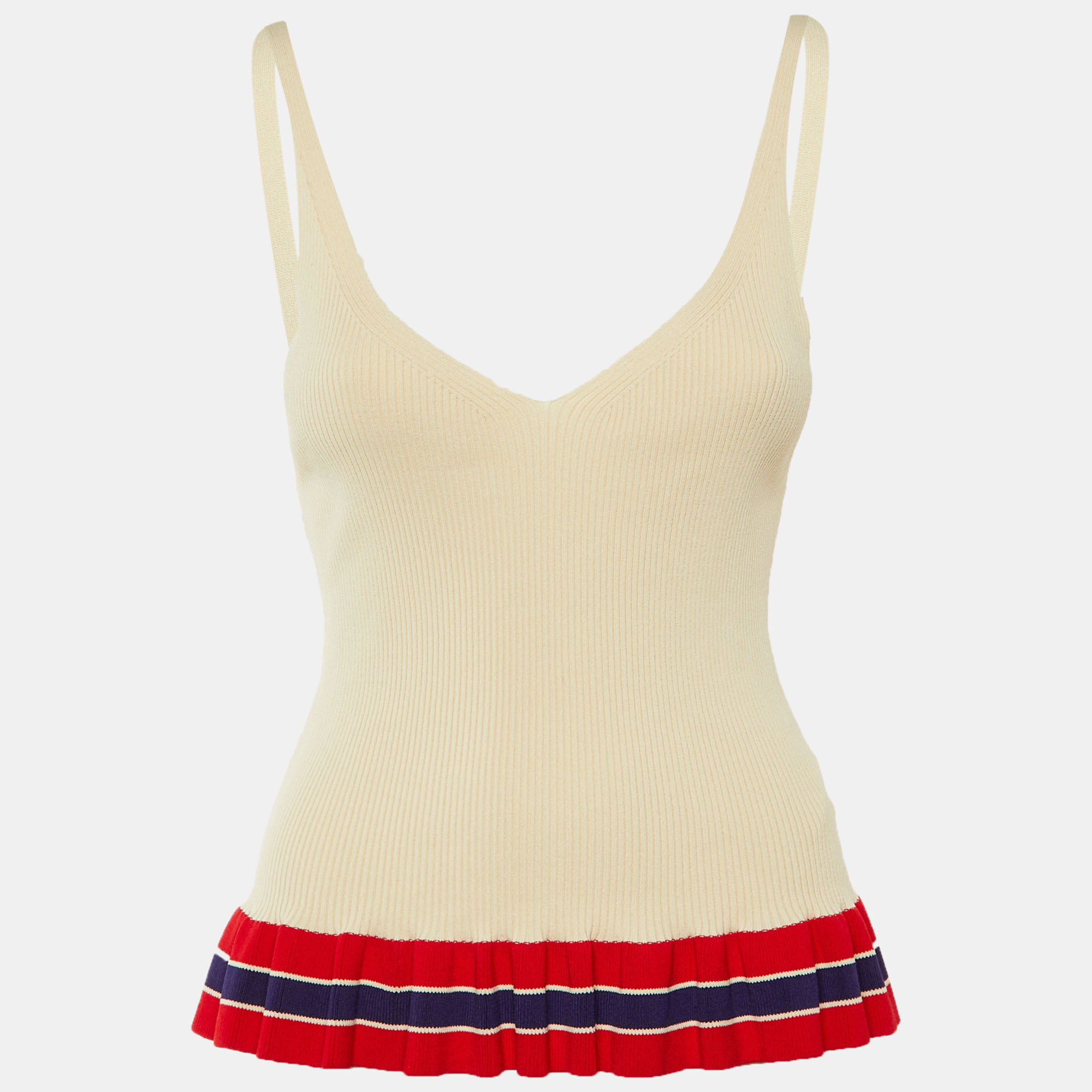 

Sandro Beige Striped Rib Knit Ruffled Top L