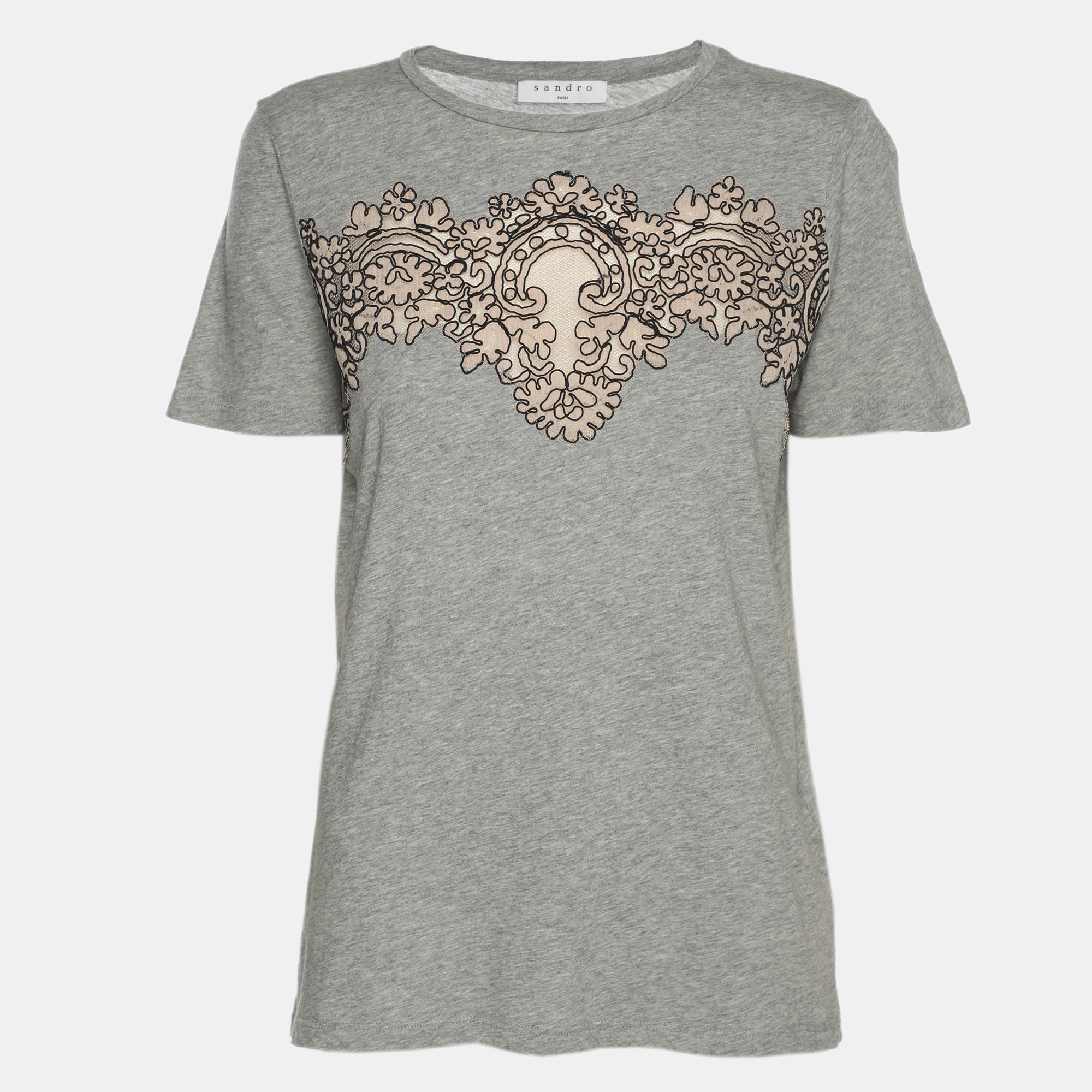 

Sandro Grey/Beige Cotton and Lace T-Shirt S