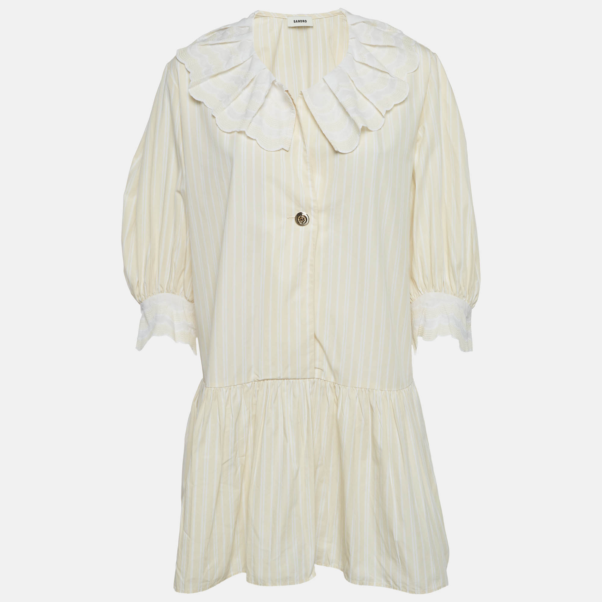 

Sandro Cream Cotton Striped Cotton Pleated Collar Short Dress L