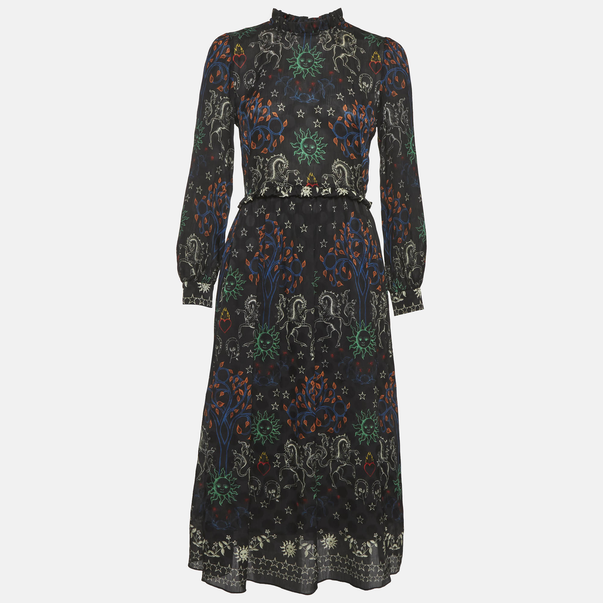 

Sandro Black Print Chiffon Ruffled Trim Midi Dress XS