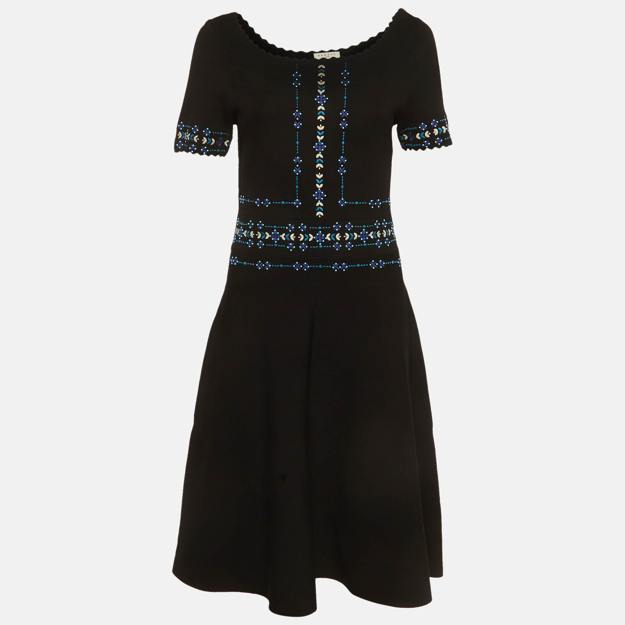 

Sandro Black/Blue Embroidered Stretch Knit Midi Dress L