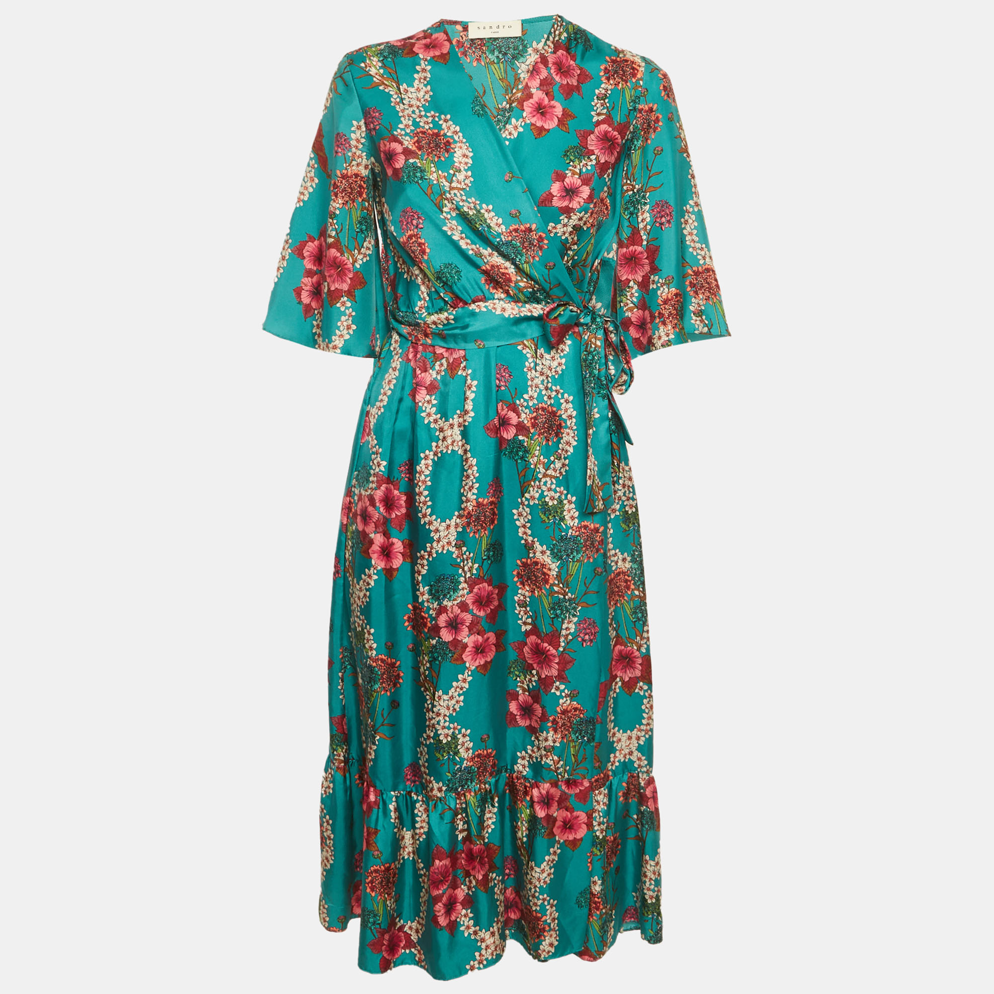 

Sandro Turquoise Floral Print Silk Midi Wrap Dress M, Blue
