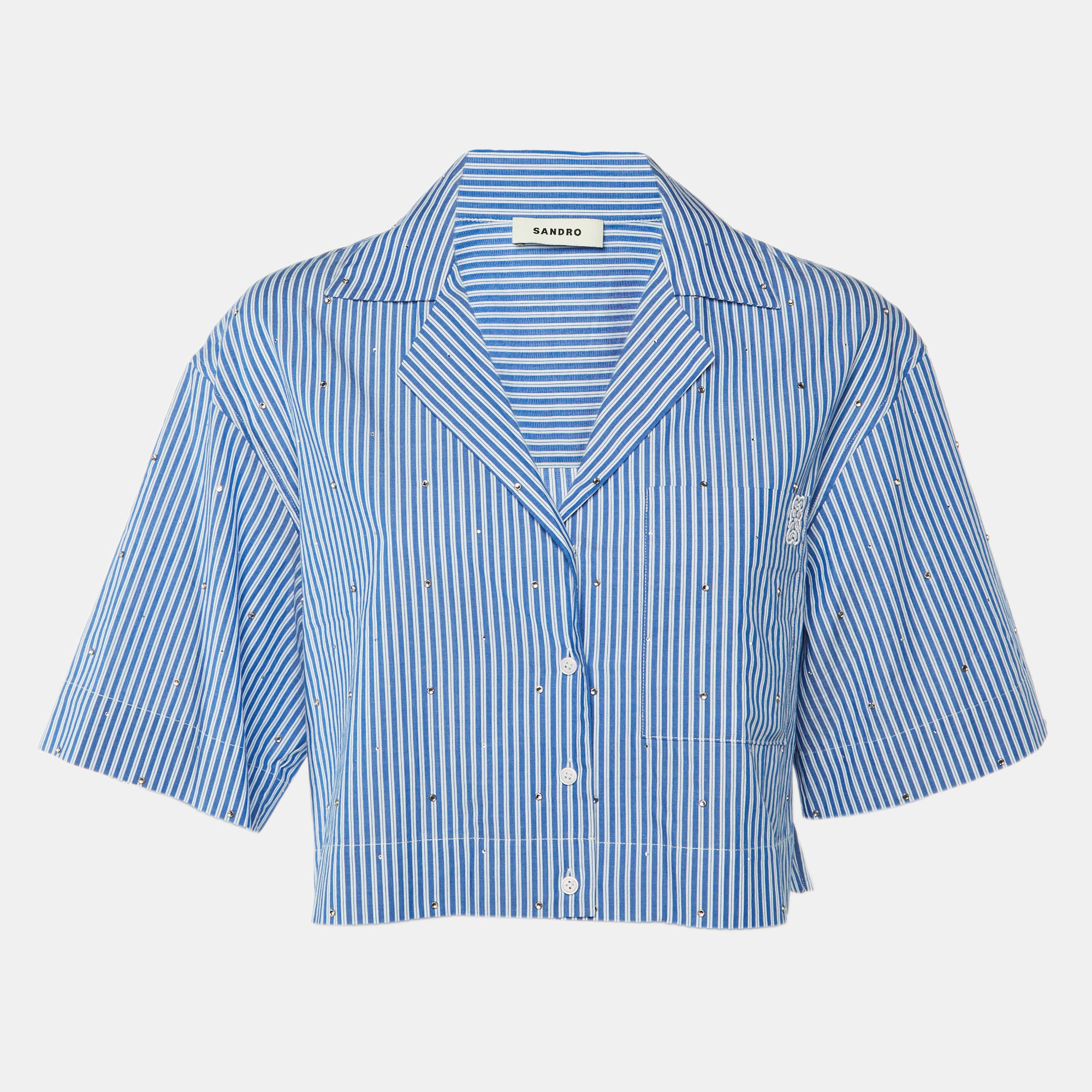 

Sandro Blue Striped Cotton Embellished Crop Shirt M