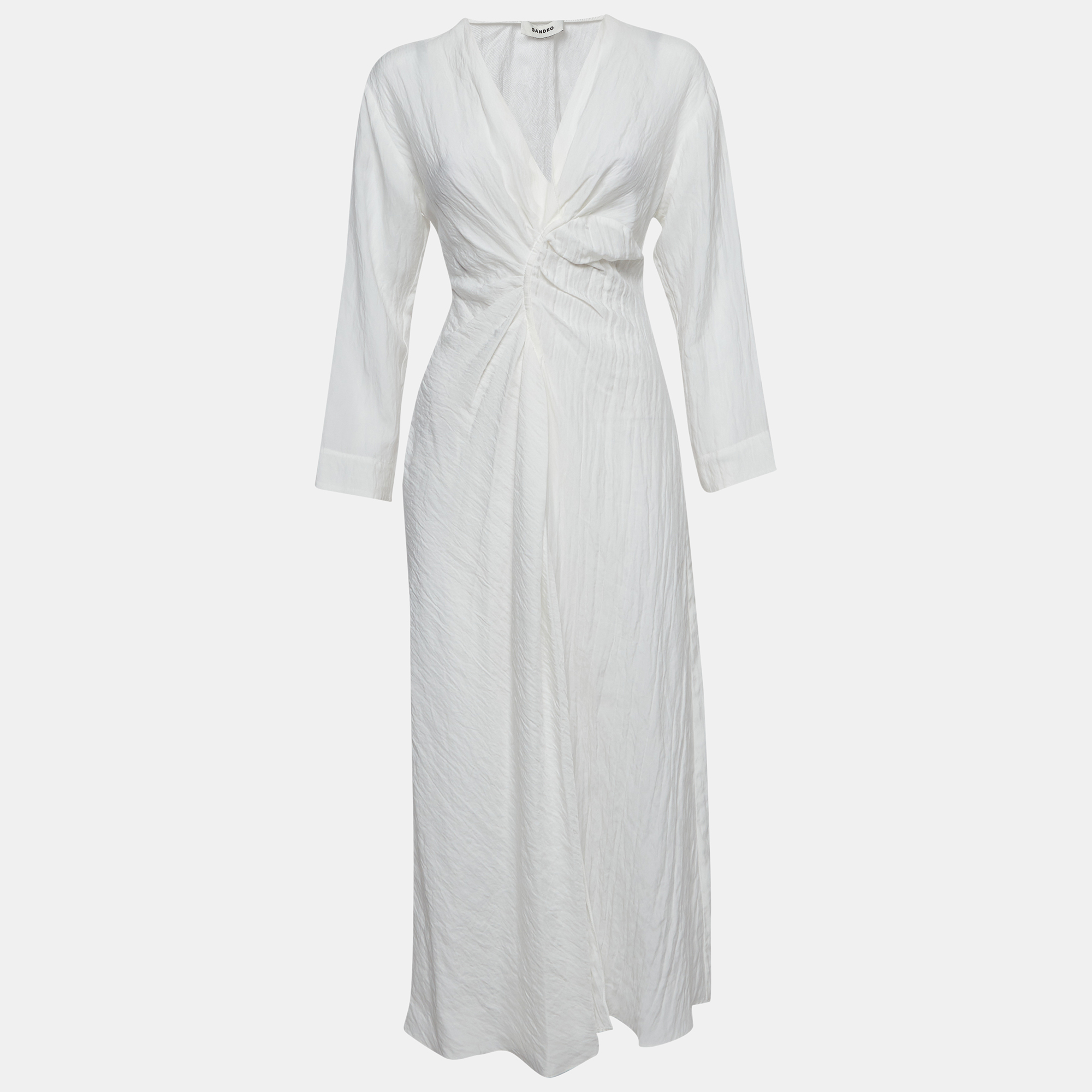

Sandro White Crinkled Satin Ruched Midi Dress M