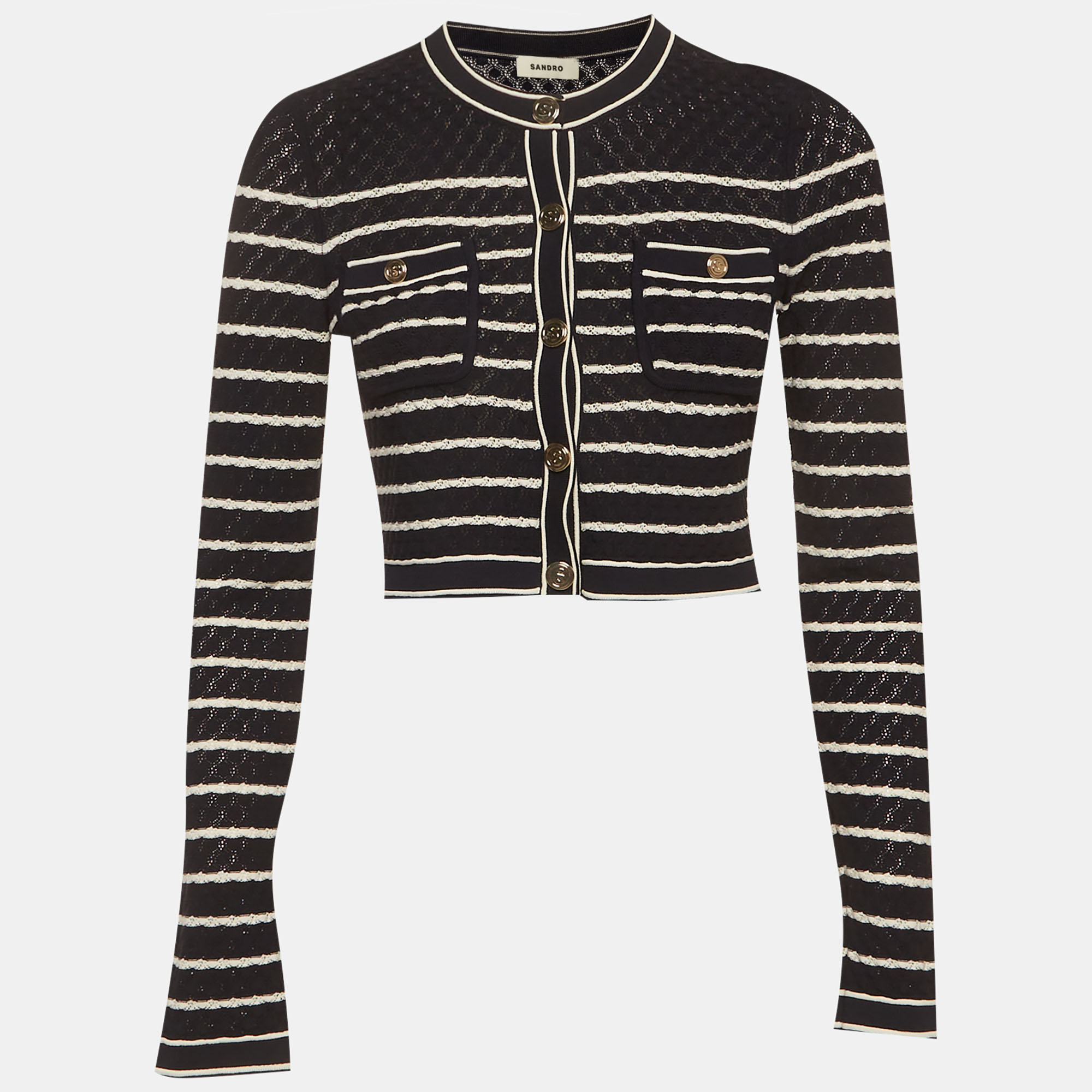 

Sandro Navy Blue Striped Rib Knit Cropped Cardigan S