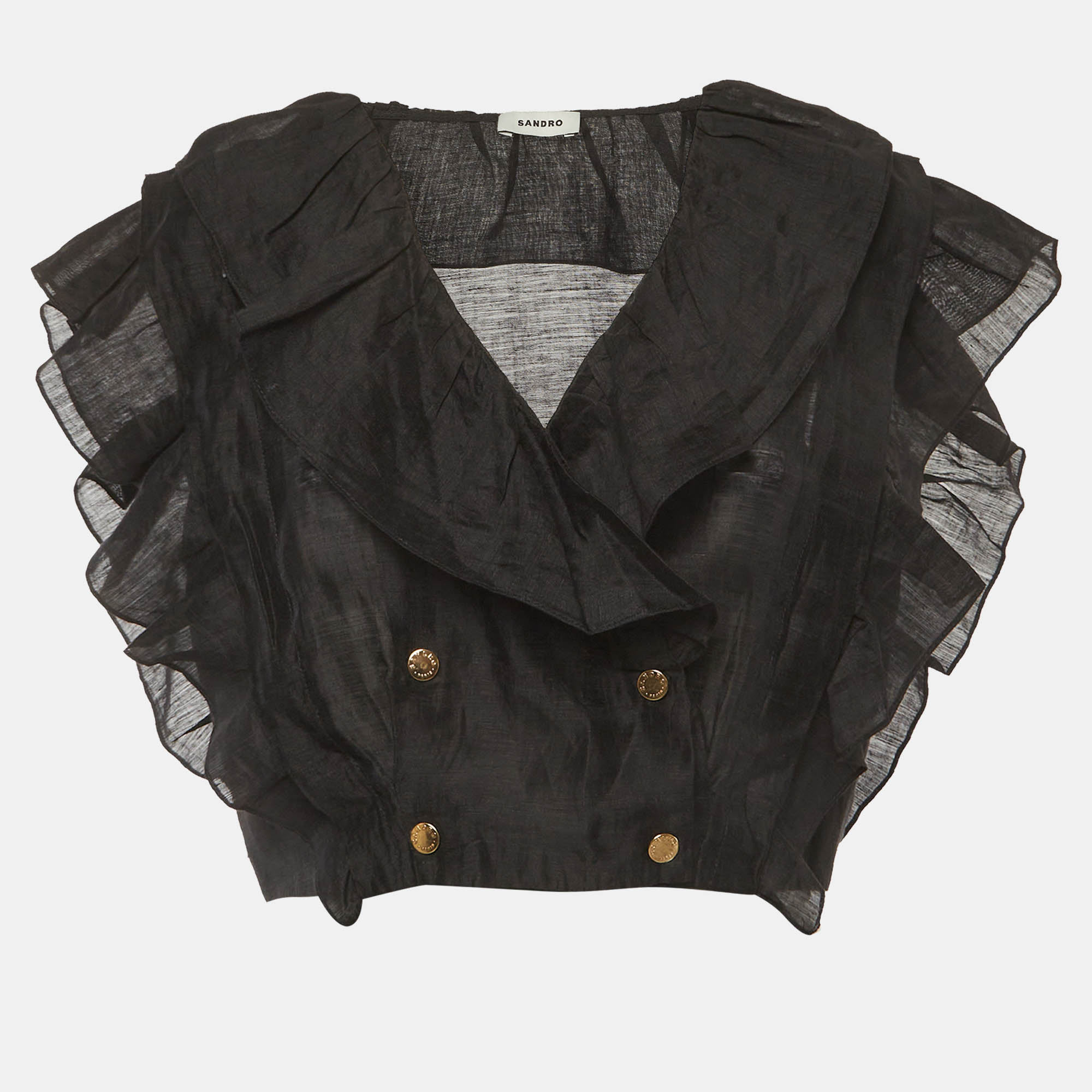 

Sandro Black Linen Blend Folie Ruffled Crop Top S