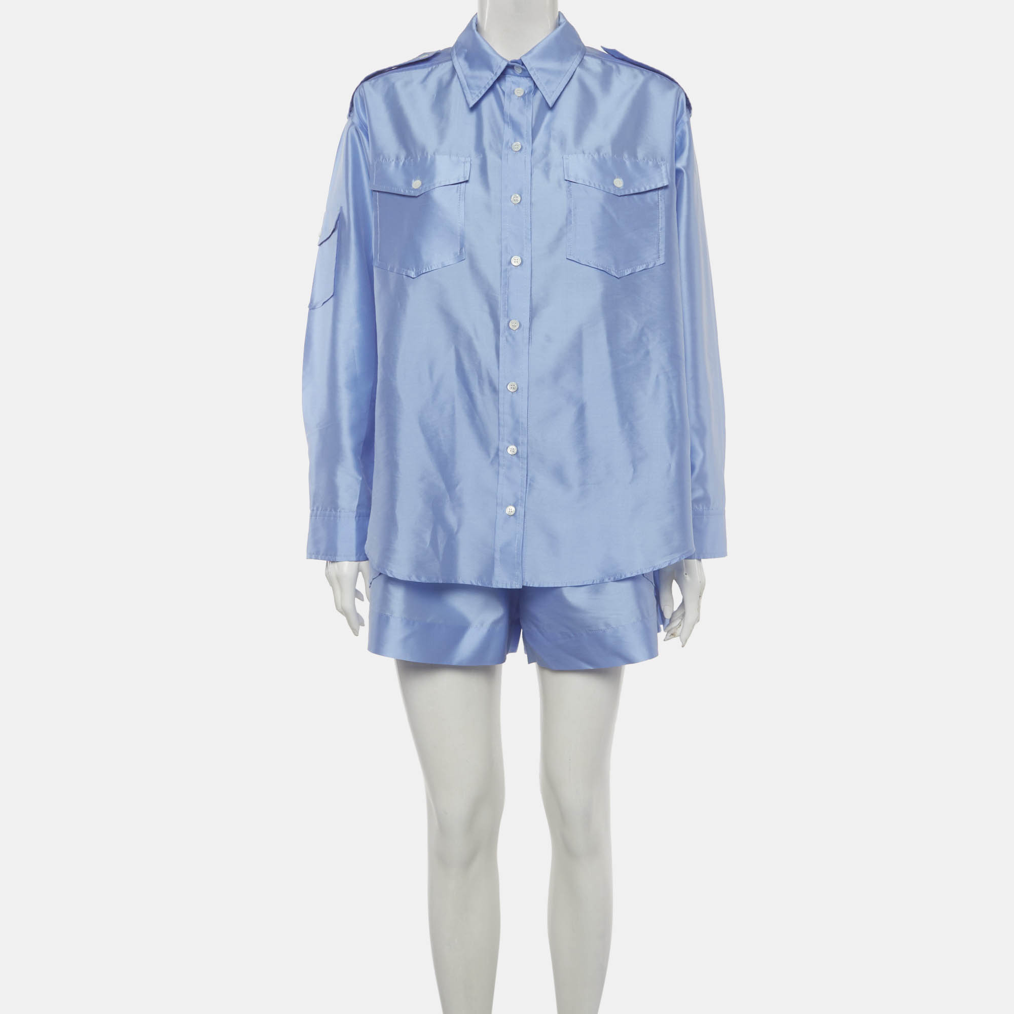 

Sandro Blue Satin Button Up Shirt and Shorts Set L