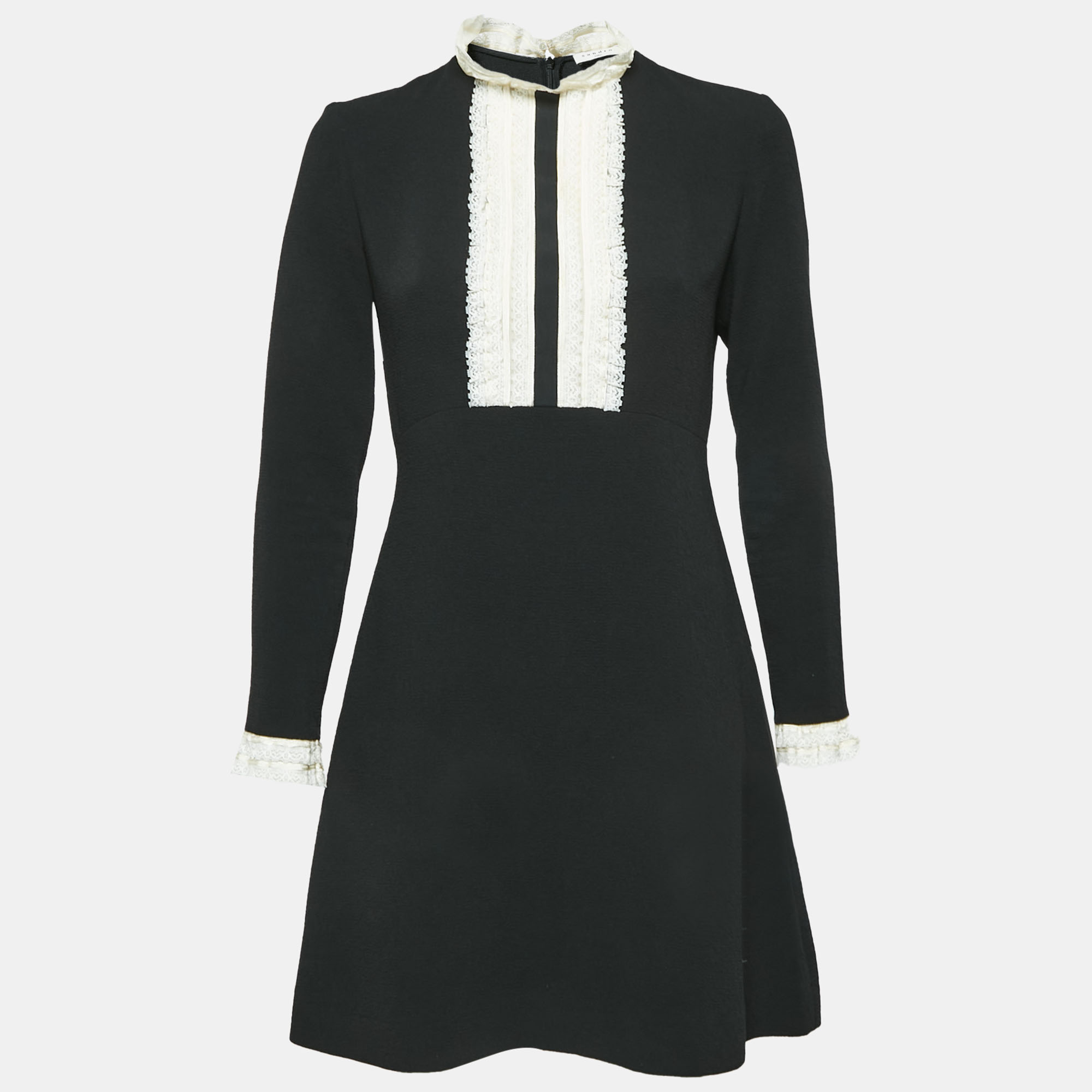 Sandro Black Crepe Lace Trim Shift Mini Dress M