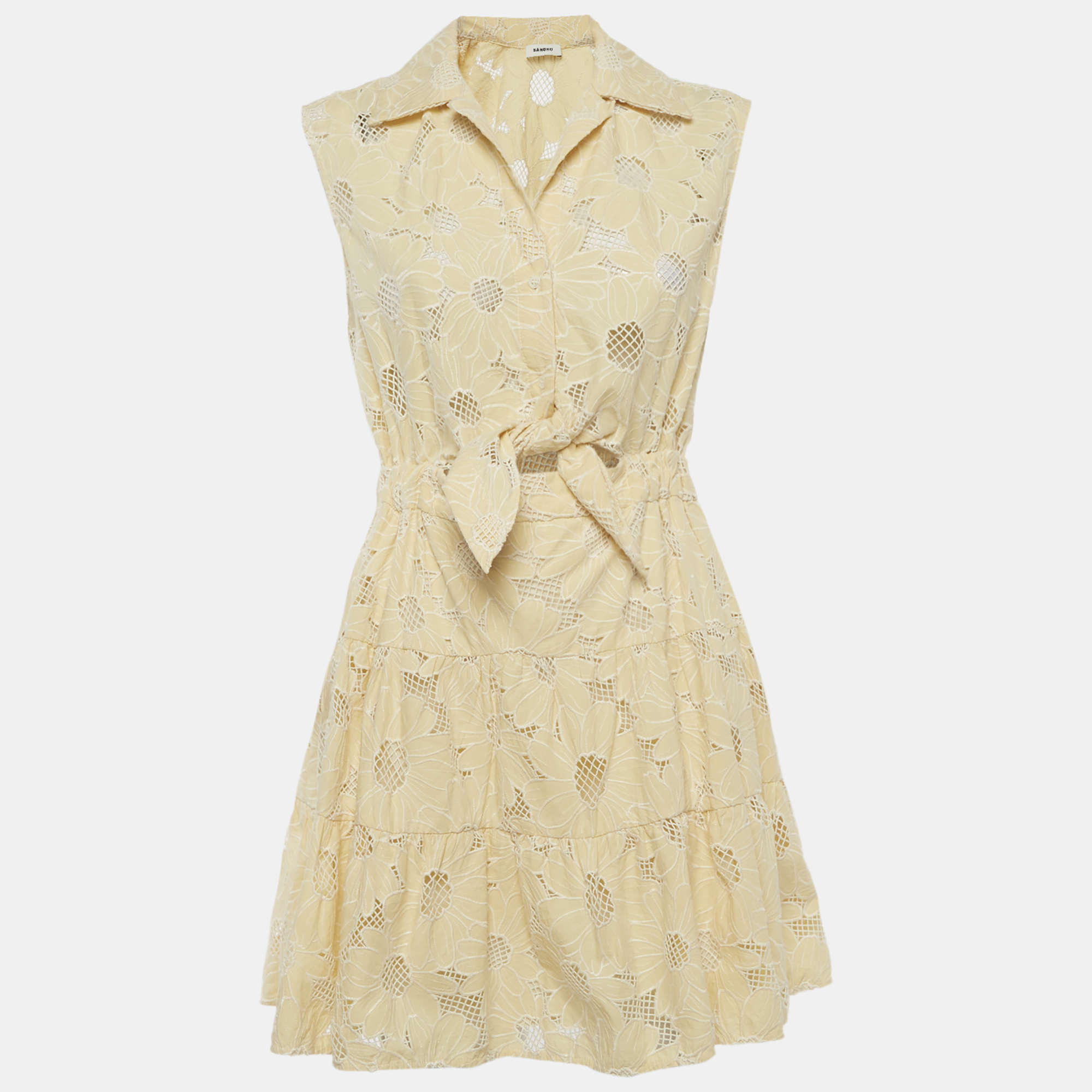 

Sandro Cream Cotton Broderie Anglaise Tiered Mini Dress M