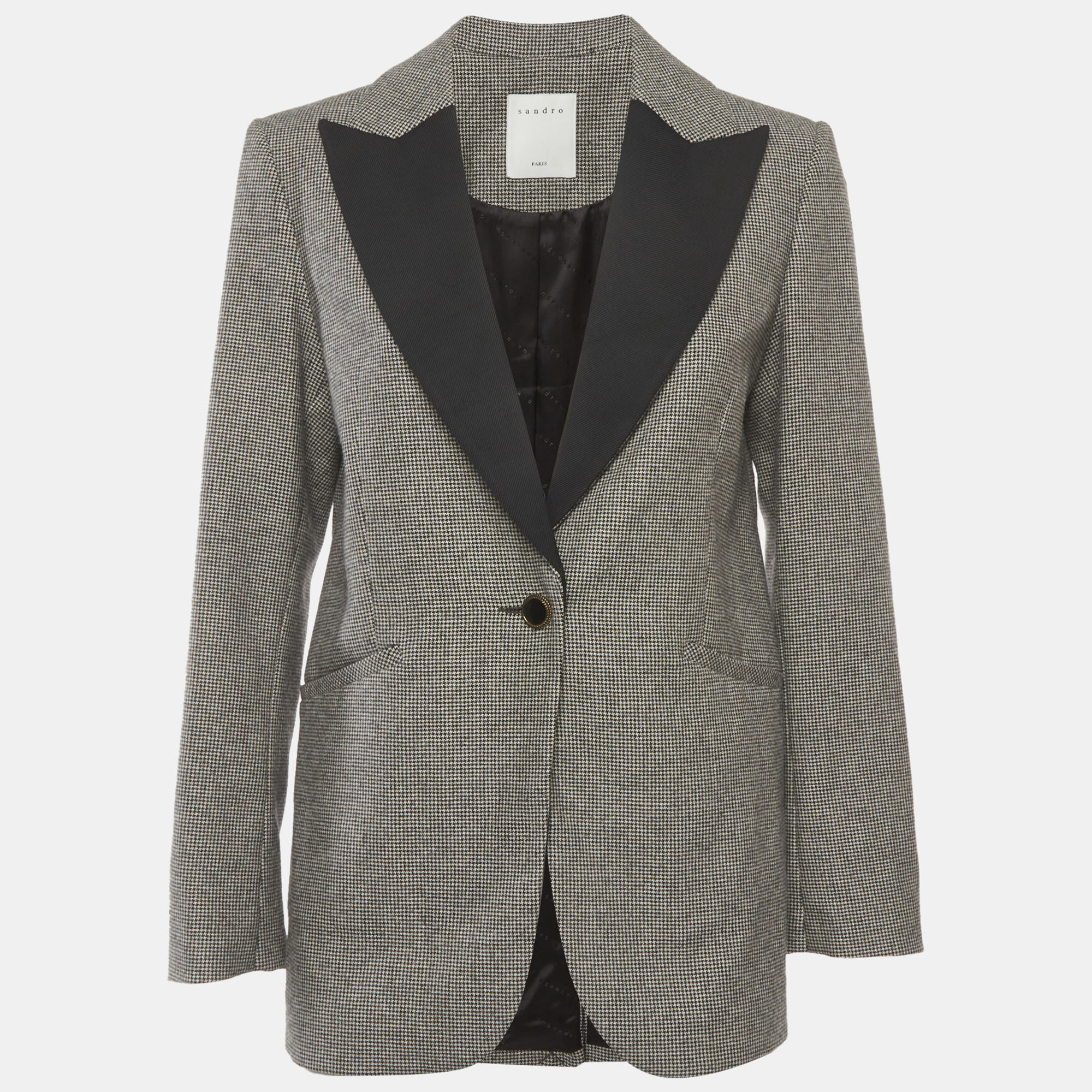 

Sandro Monochrome Houndstooth Wool Blend Blazer S, Black