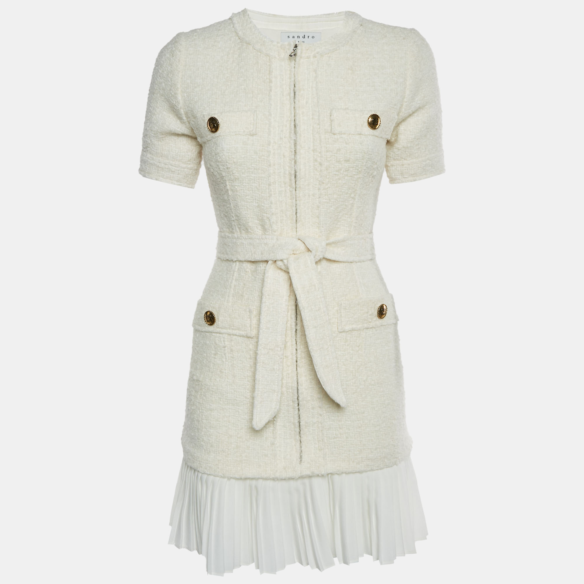 

Sandro White Tweed and Plissé Trim Mini Dress XS