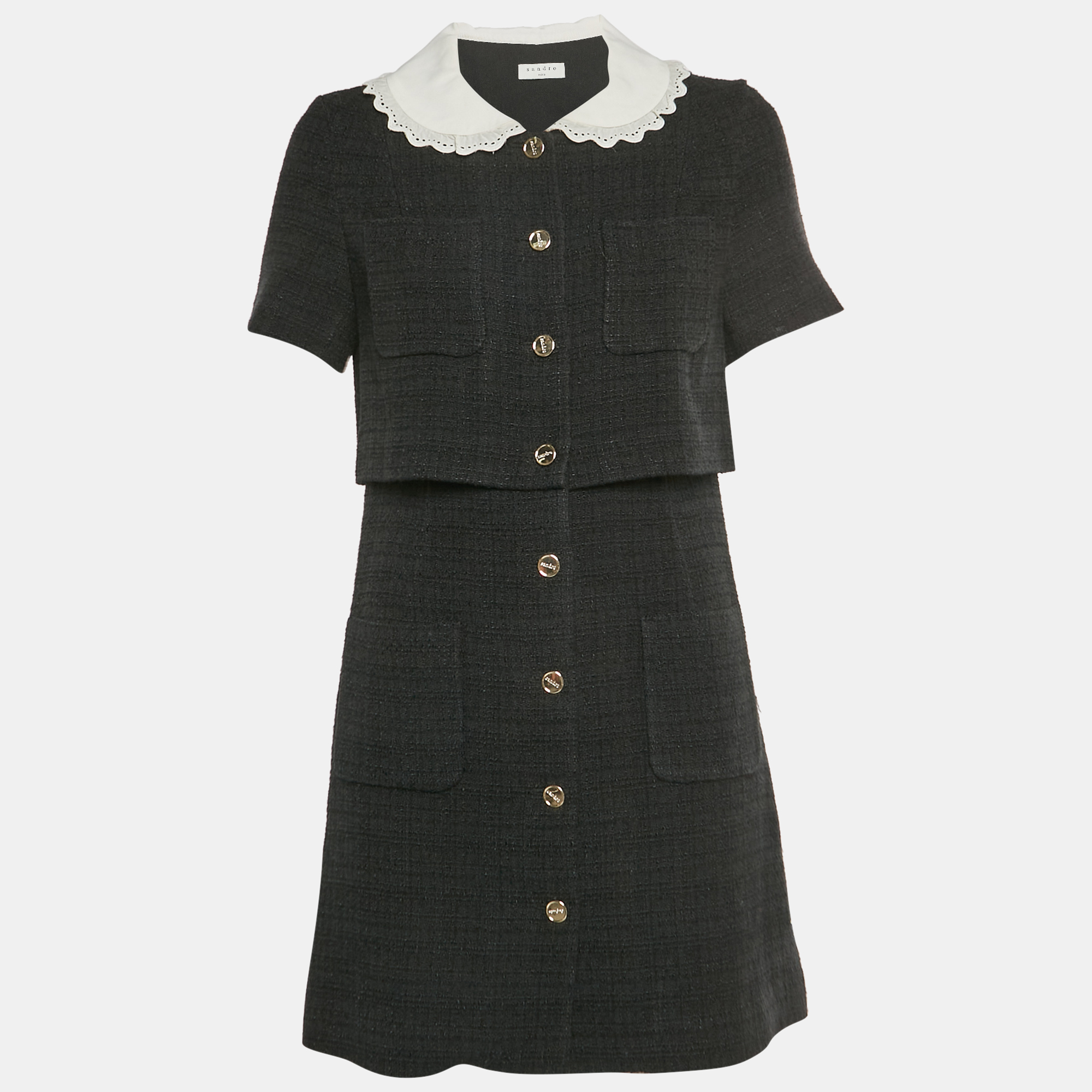 

Sandro Black Tweed Peter Pan Collar Faustine Dress M