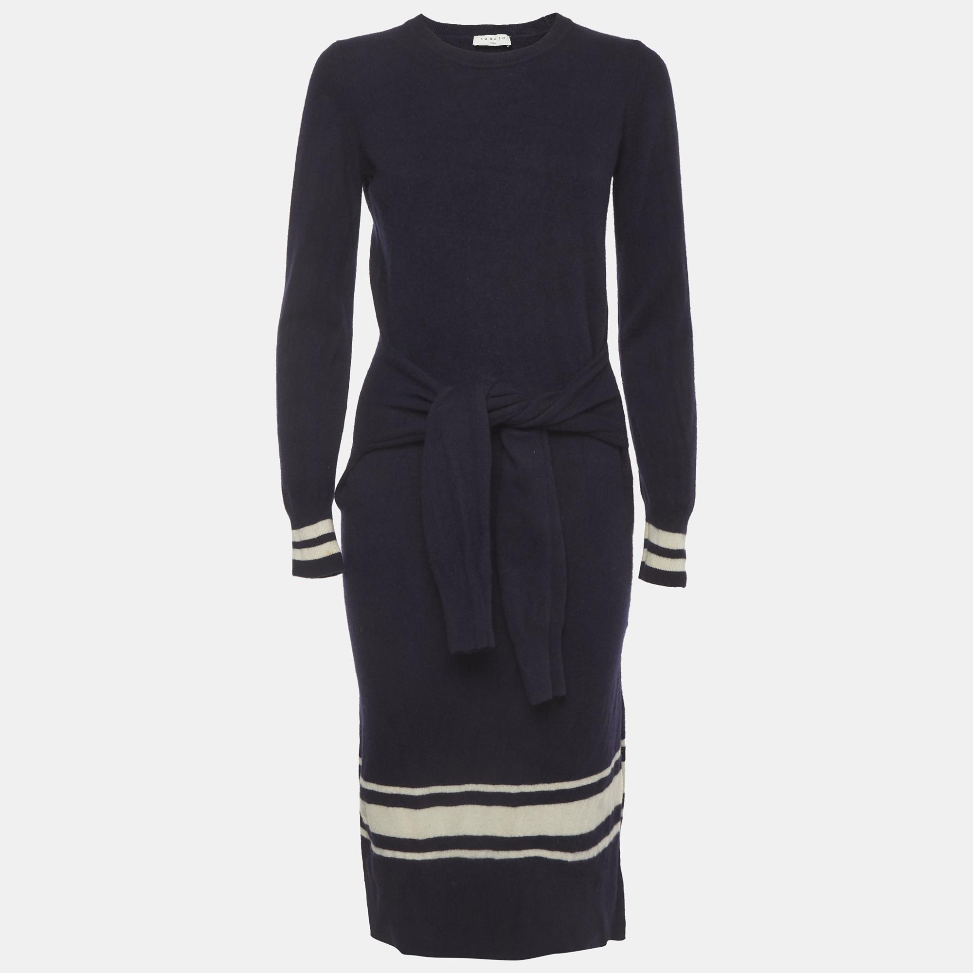 

Sandro Navy Blue Striped Wool Blend Knit Tie Midi Dress M