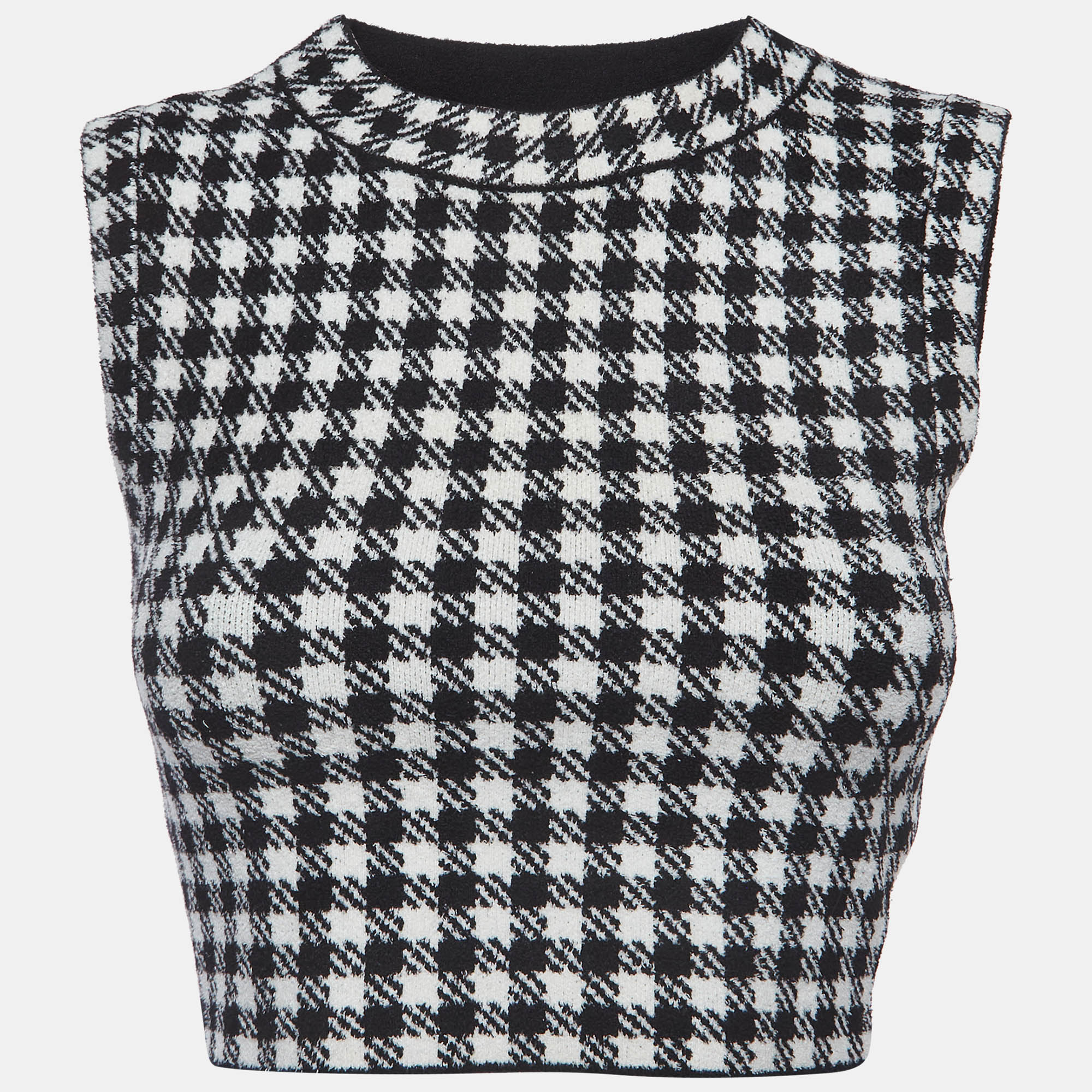 

Sandro Black/White Houndstooth Knit Velvet Cropped Top S
