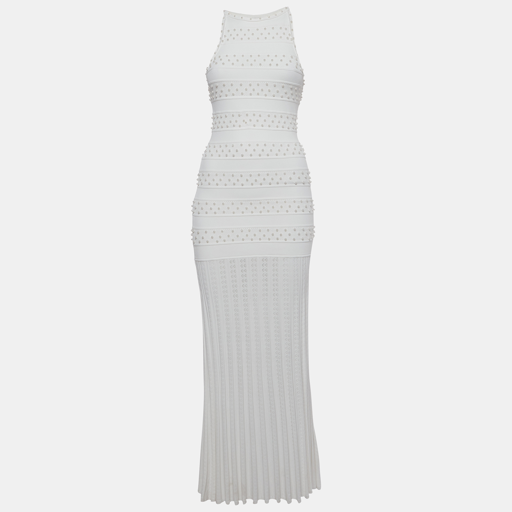 

Sandro White Knit Pearl Embellished Fit and Flared Maxi Dress S