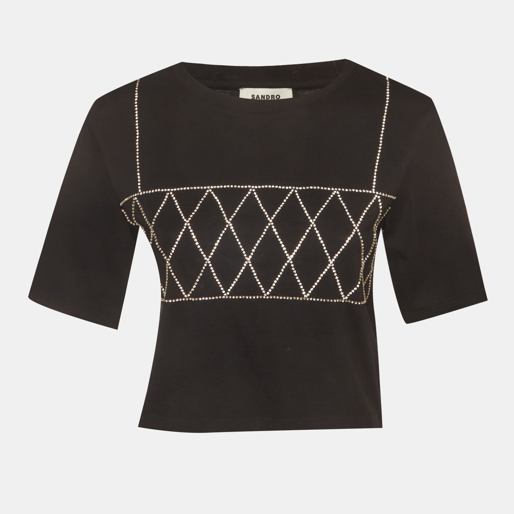 

Sandro Black Jersey Rhinestone Cropped T-Shirt S