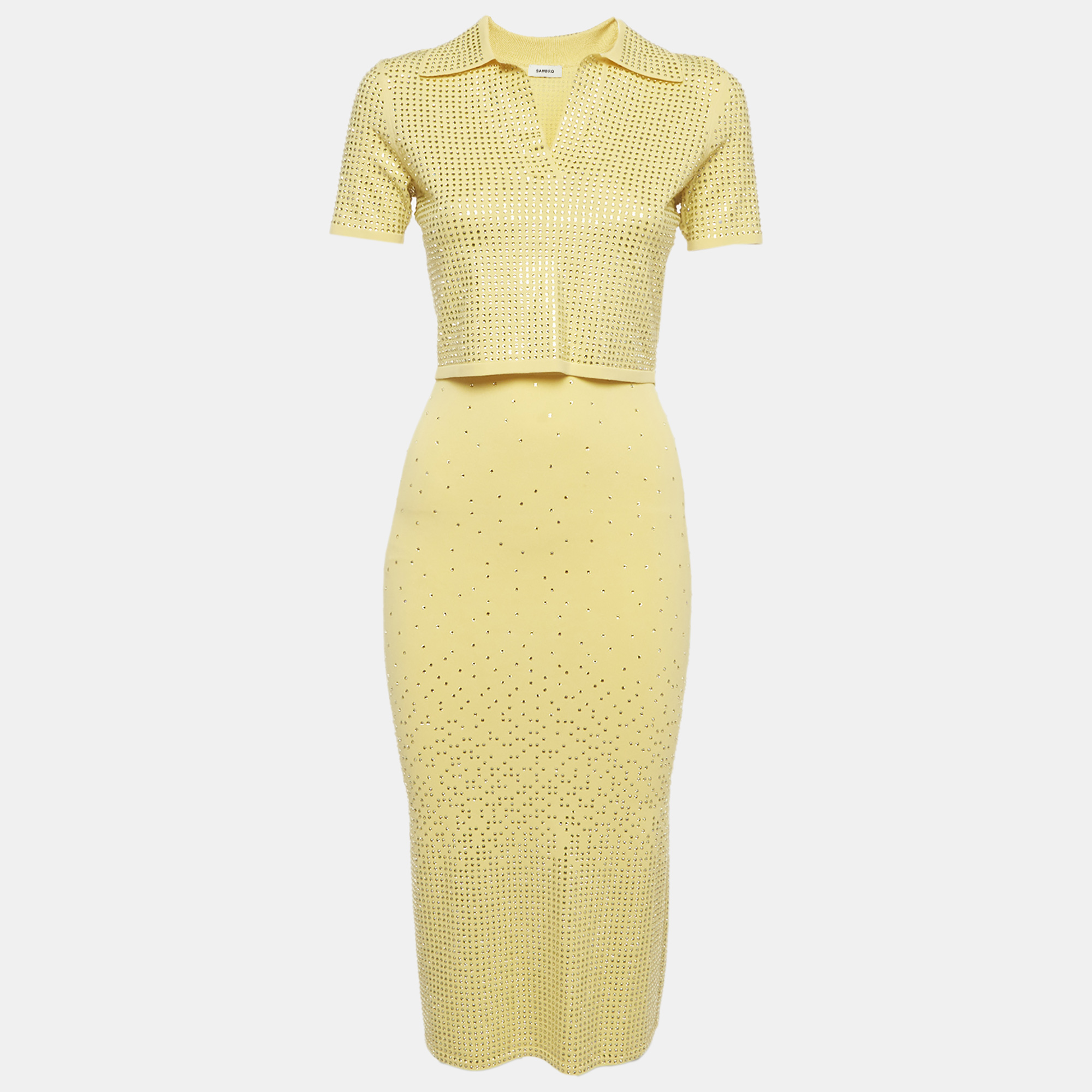 

Sandro Yellow Crystal Embellished Knit Crop Polo Top and Skirt Set S