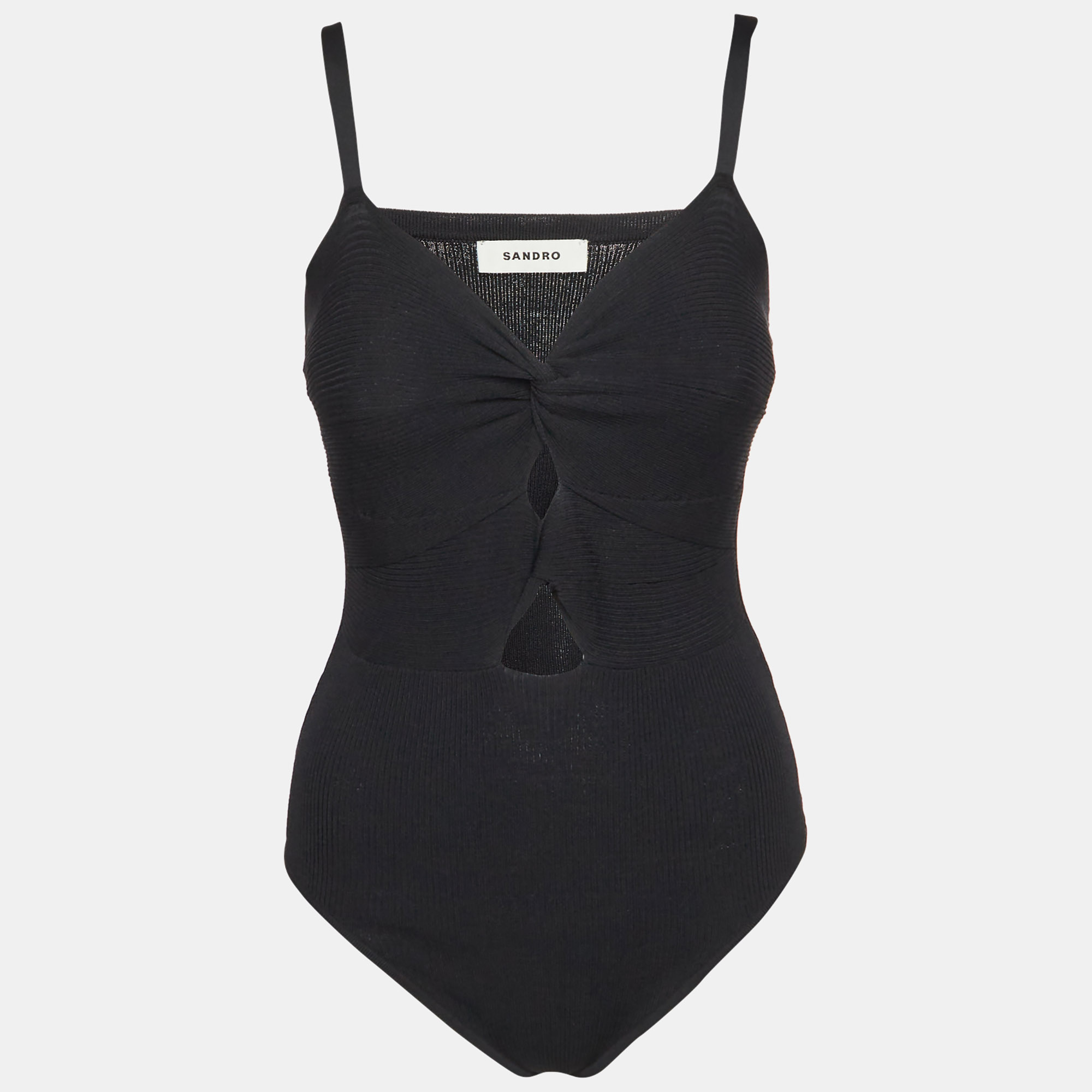 

Sandro Black Ribbed Knit Cut-Out Bodysuit Top M