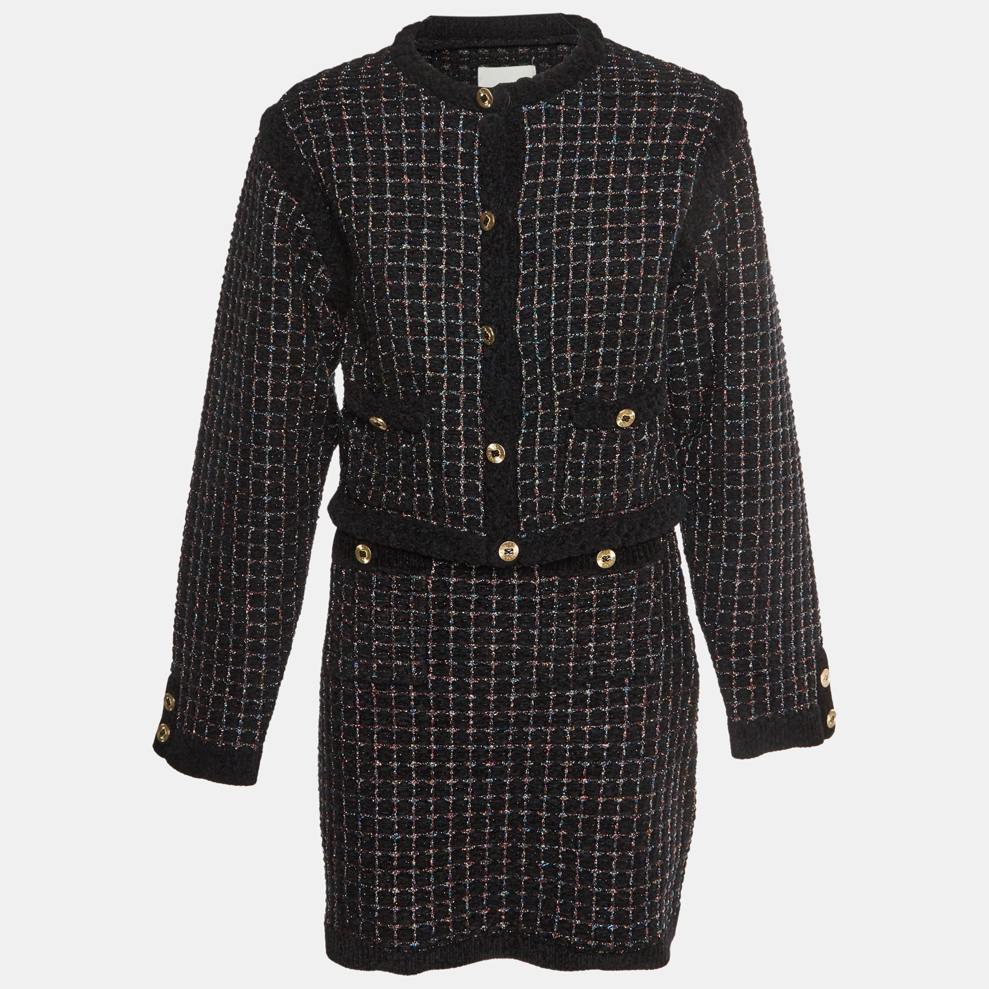 

Sandro Black Metallic Checked Knit Mini Skirt and Jacket Set M