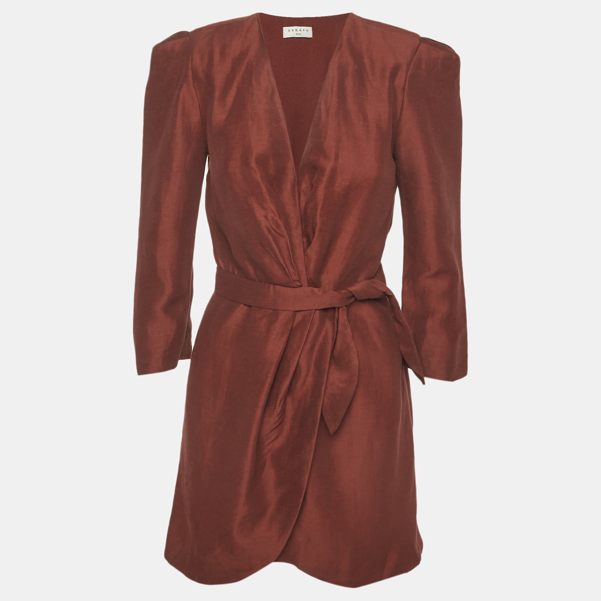

Sandro Brown Linen Blend Mini Wrap Dress S