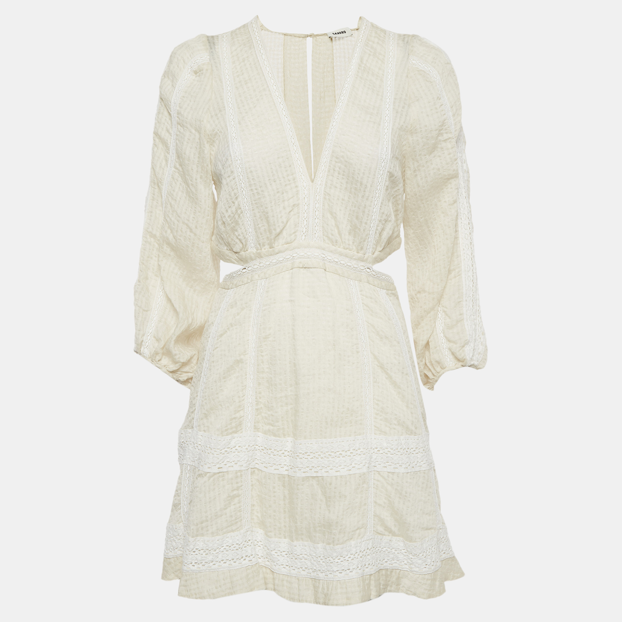 

Sandro Cream Seersucker Alaya Cutout Mini Dress M