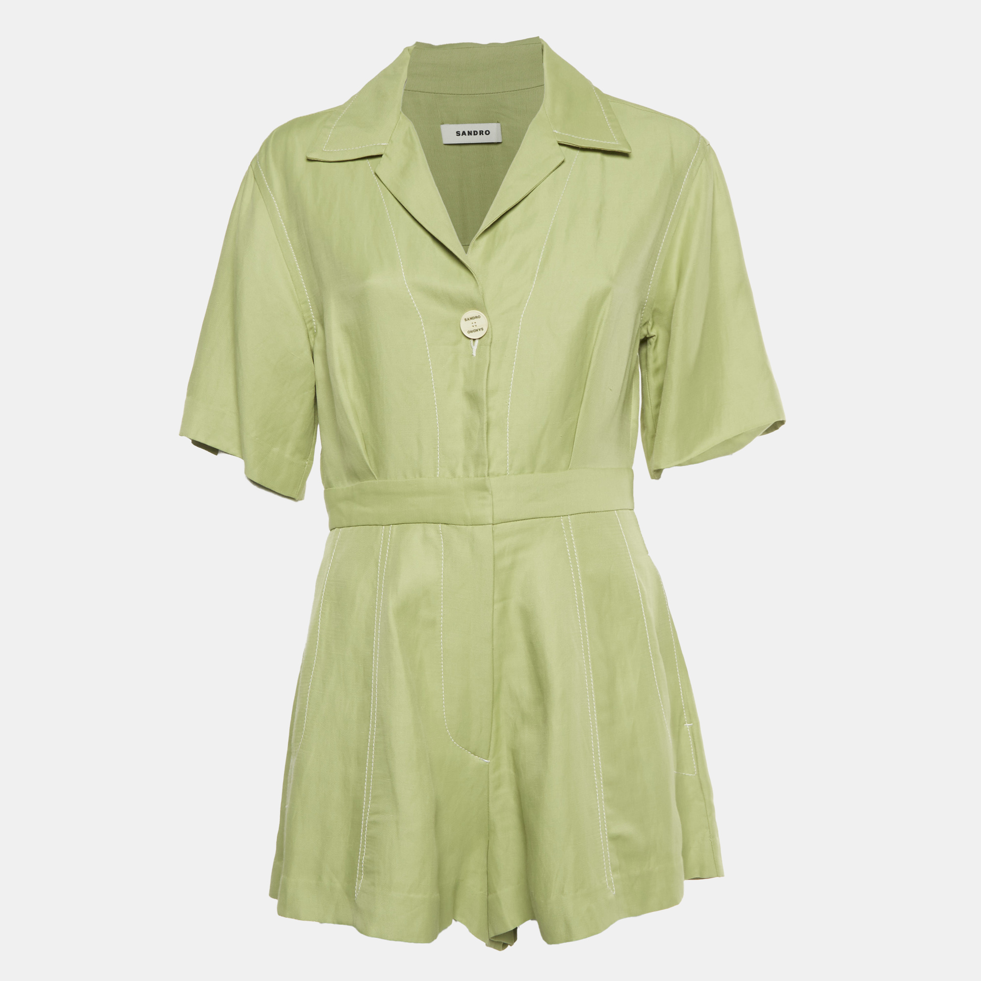 

Sandro Green Linen Blend Short Sleeves Playsuit M