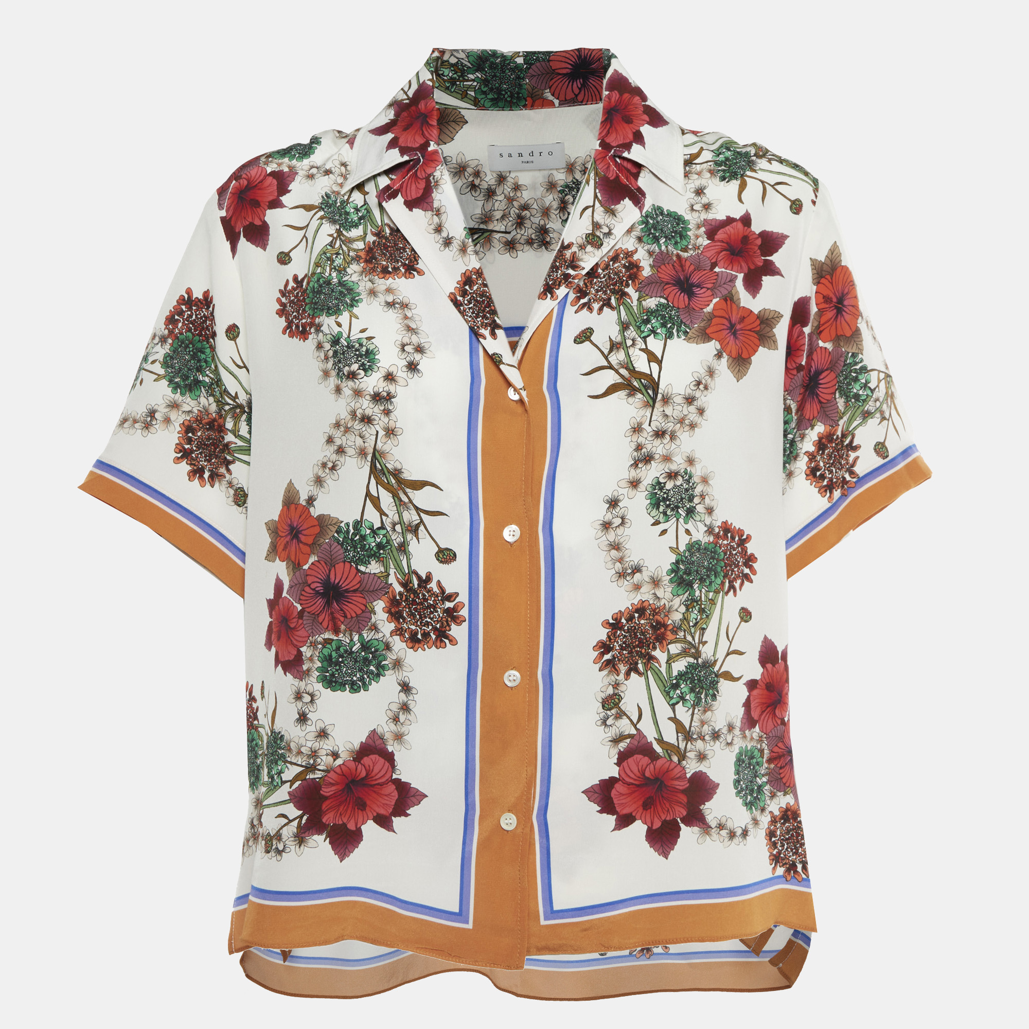

Sandro Multicolour Floral Print Silk Short Sleeve Shirt L, Multicolor