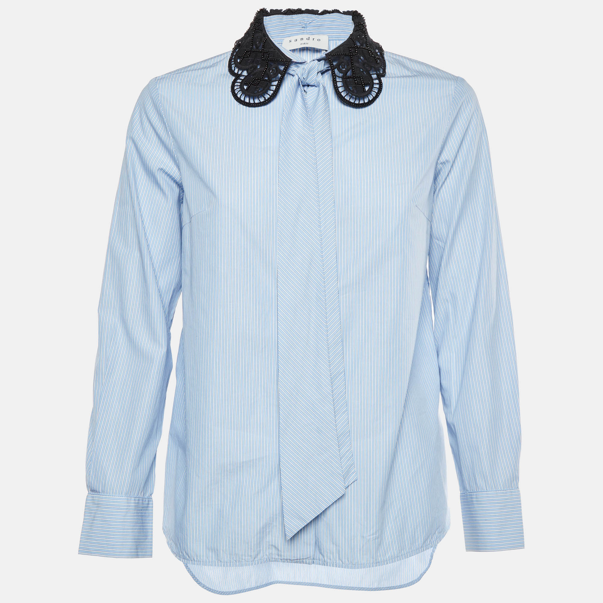 

Sandro Blue Striped Cotton Lace Collared Shirt S
