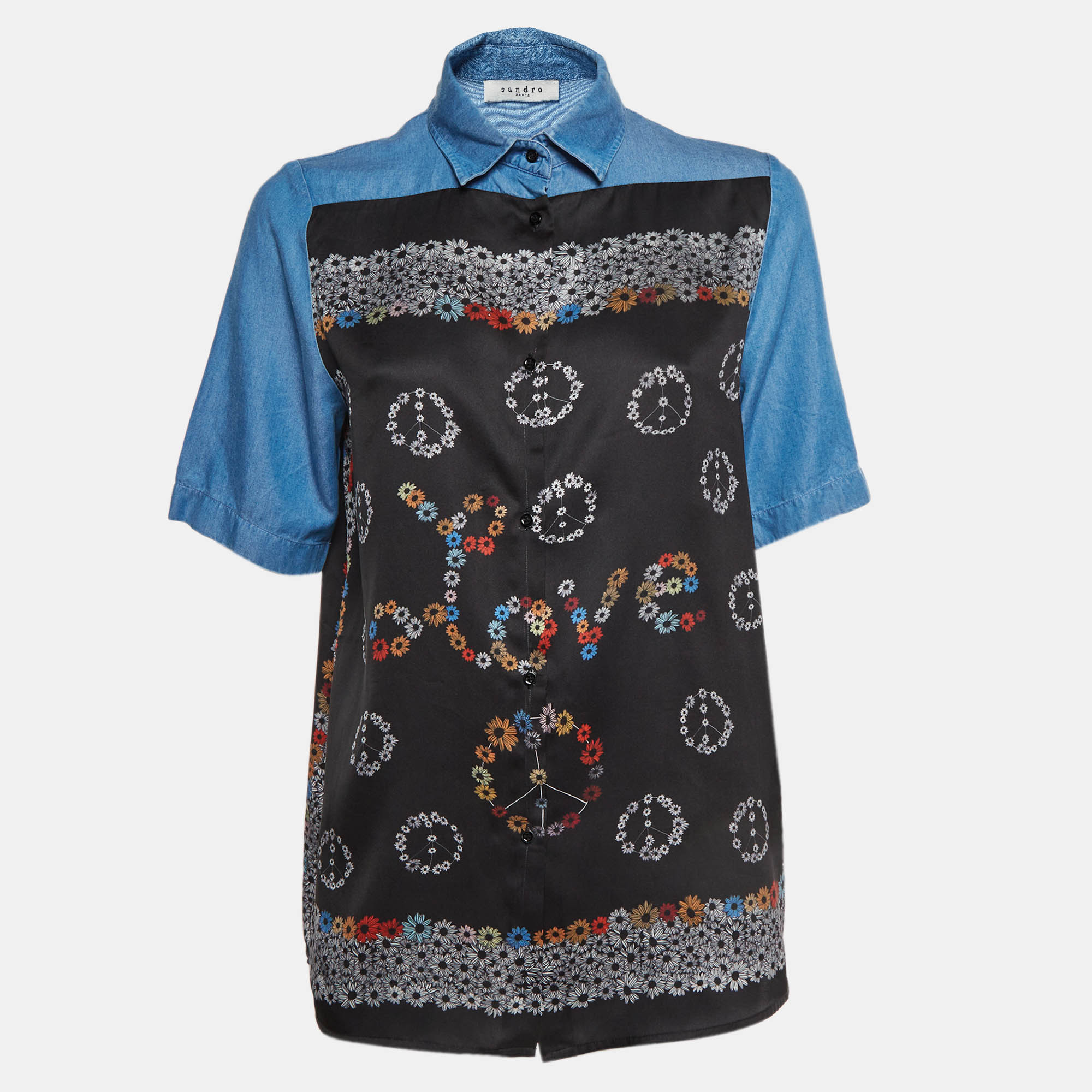 

Sandro Multicolor Printed Chambray Short Sleeve Top S