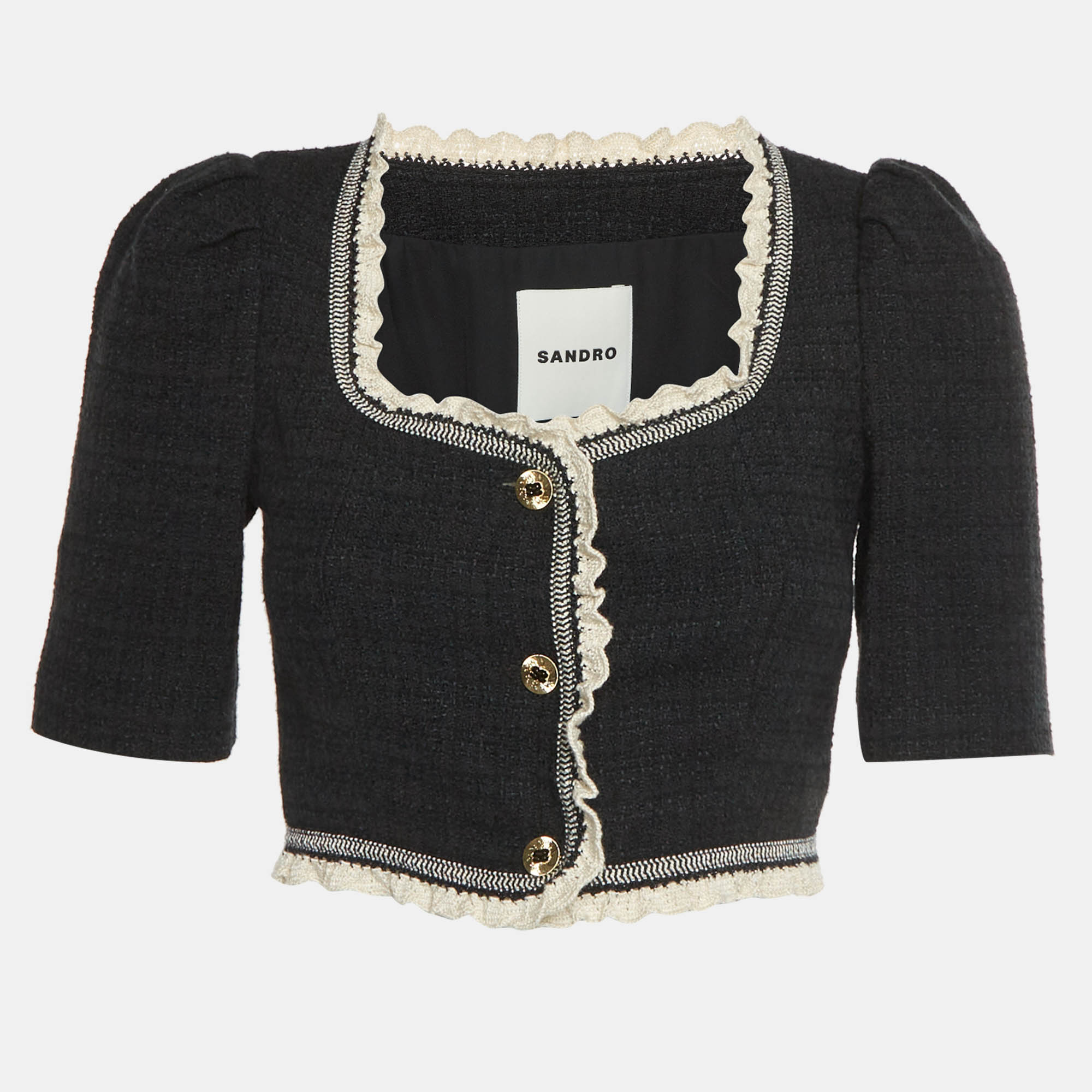 

Sandro Black Tweed Ruffled Trim Cropped Jacket S