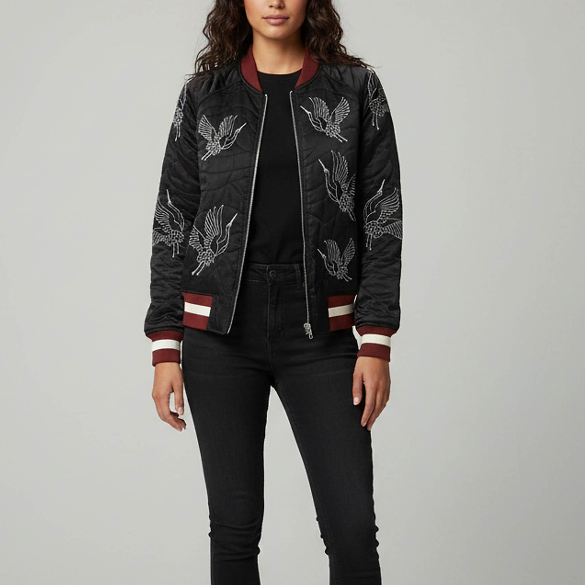 

Sandro Black Embroidered Silk Blend Bomber Jacket M
