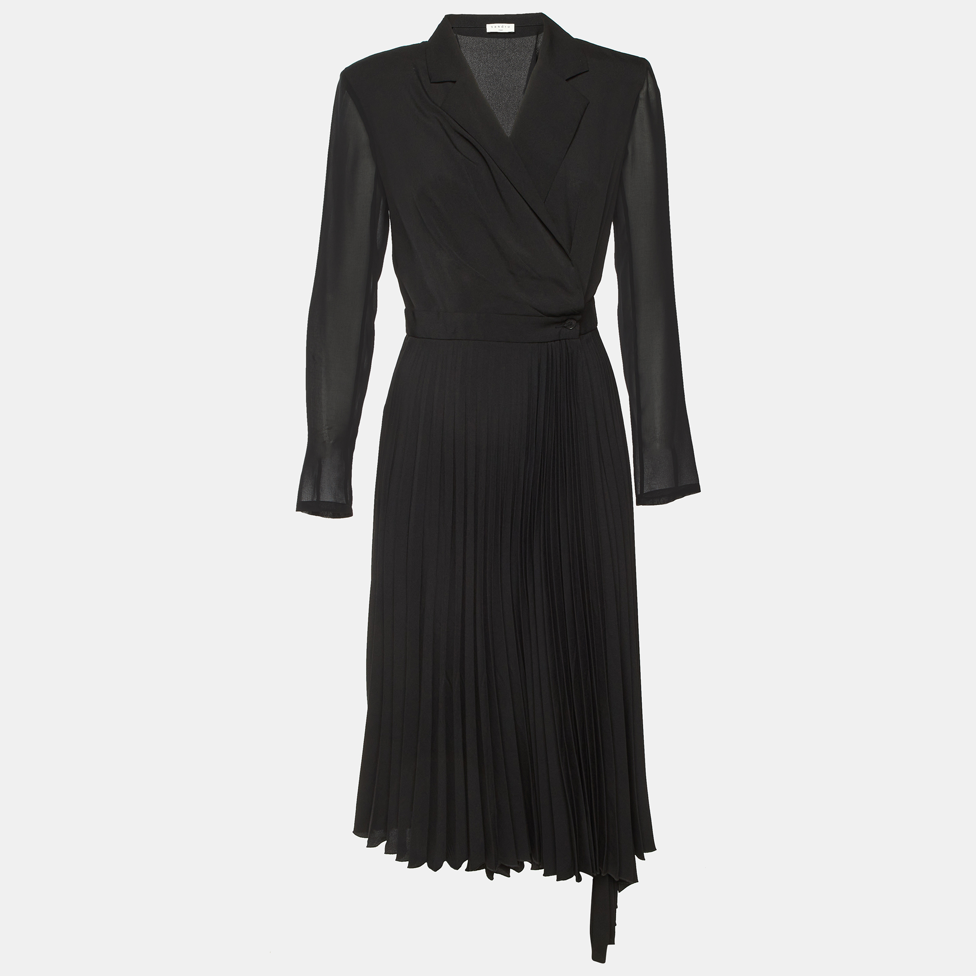 

Sandro Black Plissé Crepe Blazer Wrap Midi Dress M