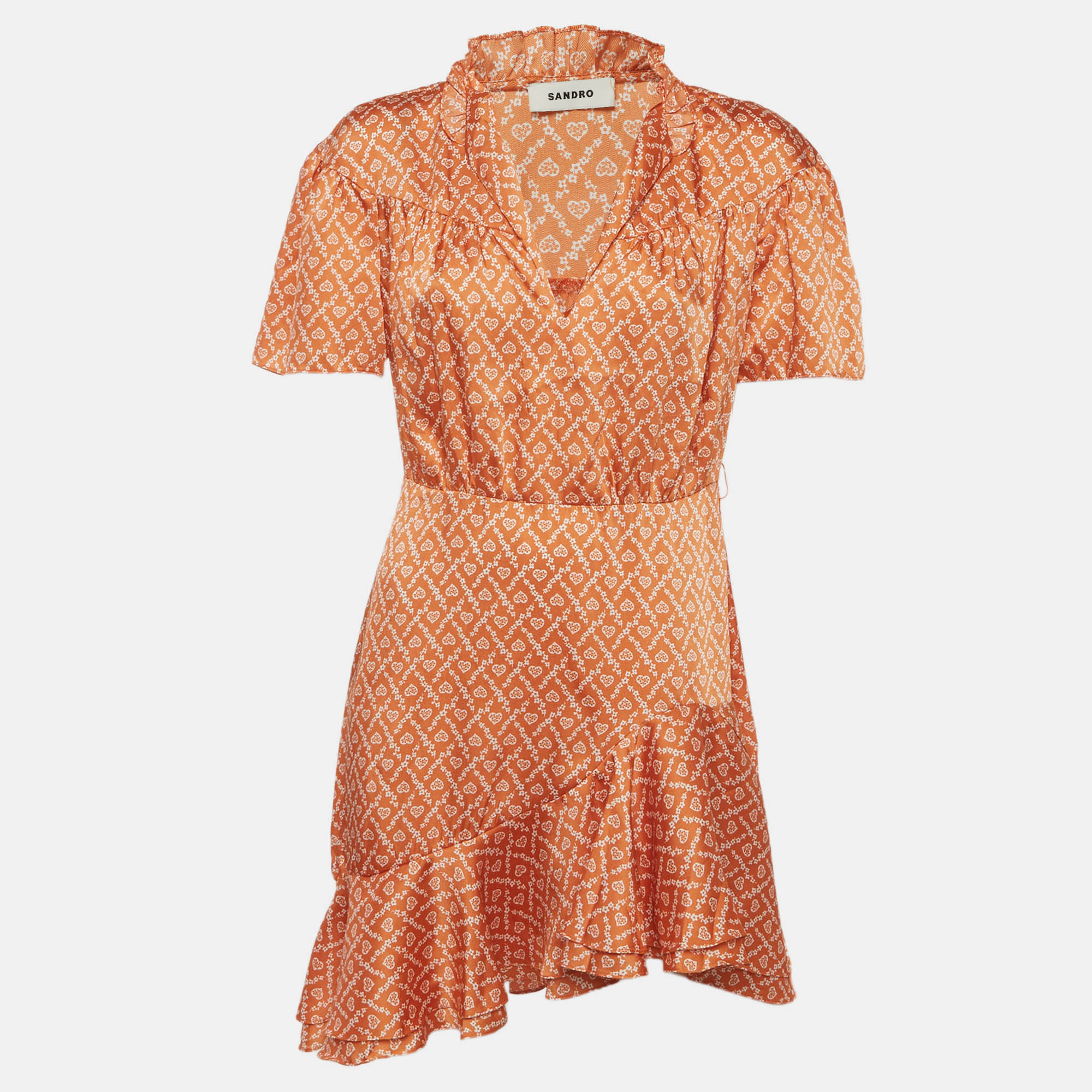 

Sandro Orange Heart Print Satin Ruffled Suzen Mini Dress M