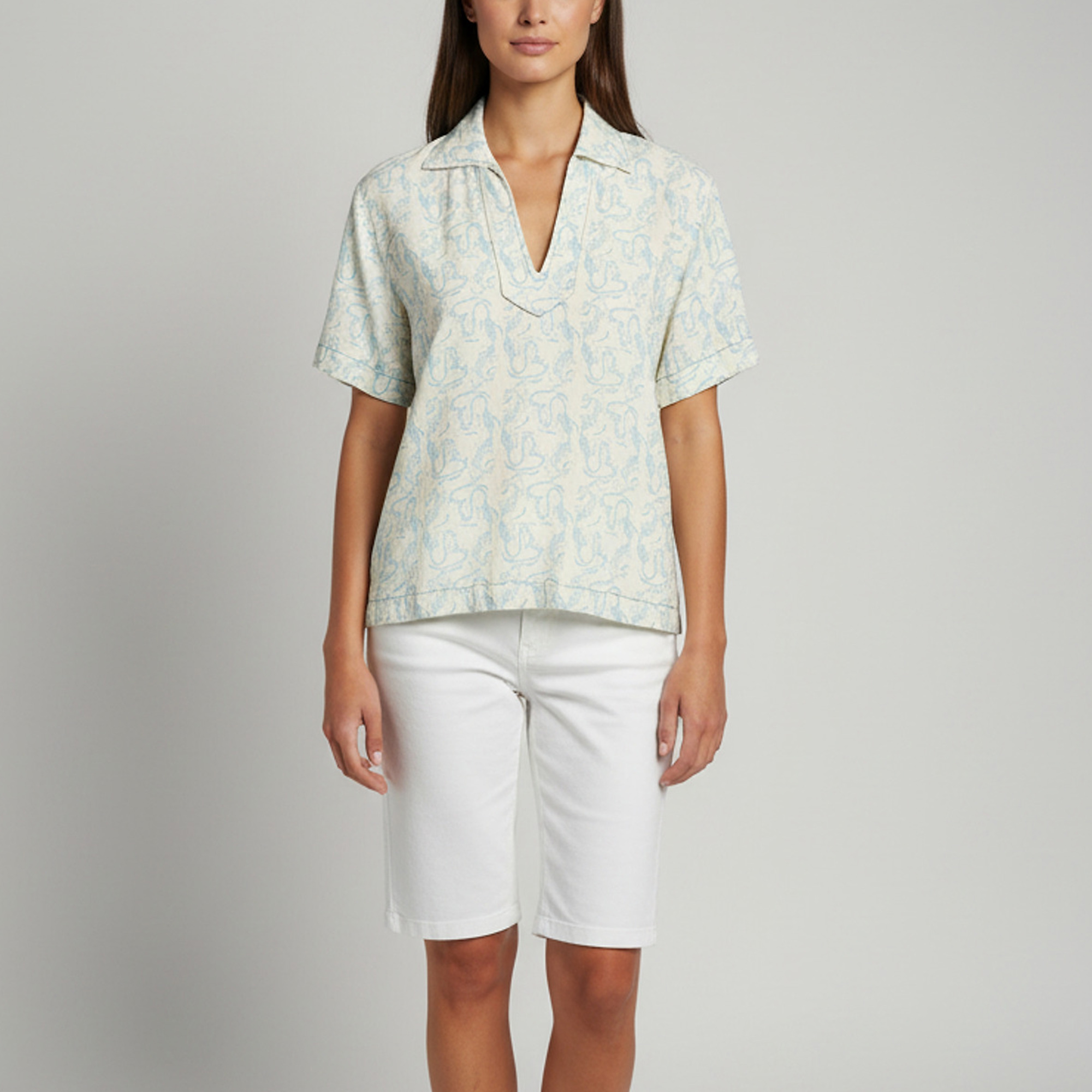 Pre-owned Sandro Crepe Nautica Print Jacquard Short Sleeve Shirt Xs In White