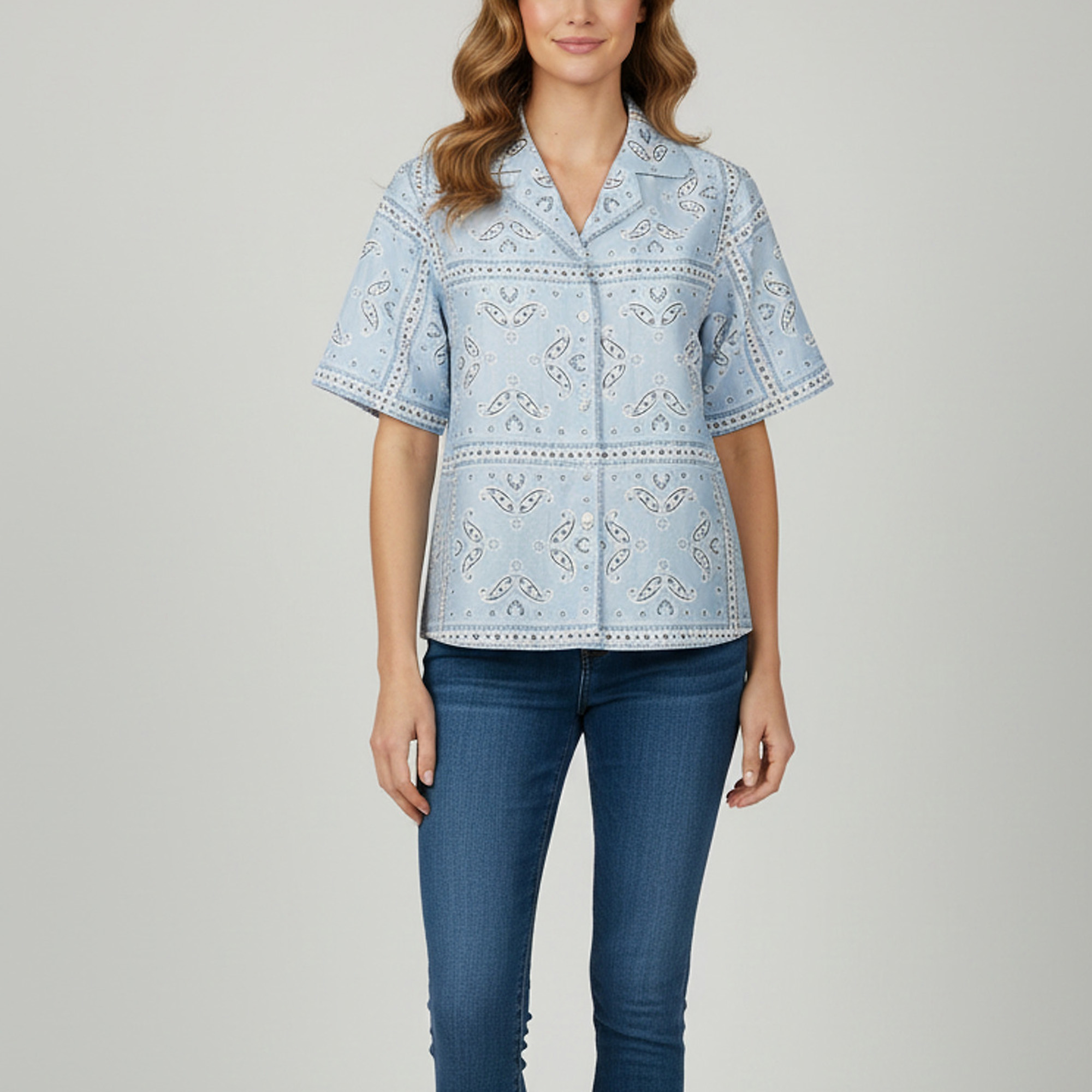 Pre-owned Sandro Blue Printed Linen Blend Short Sleeve Shirt Xs