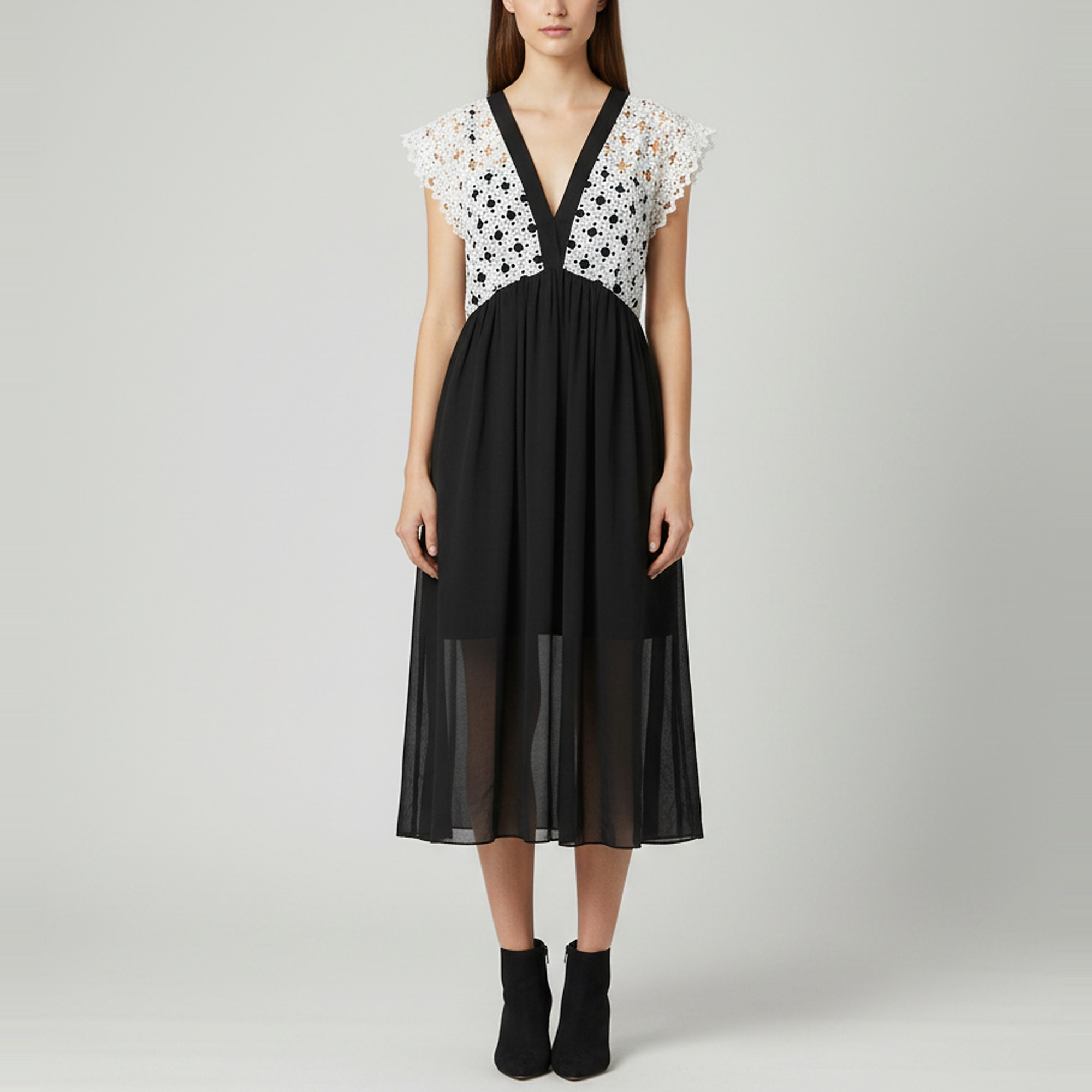 

Sandro Black/White Lace Pattern Crepe V-Neck Midi Dress M
