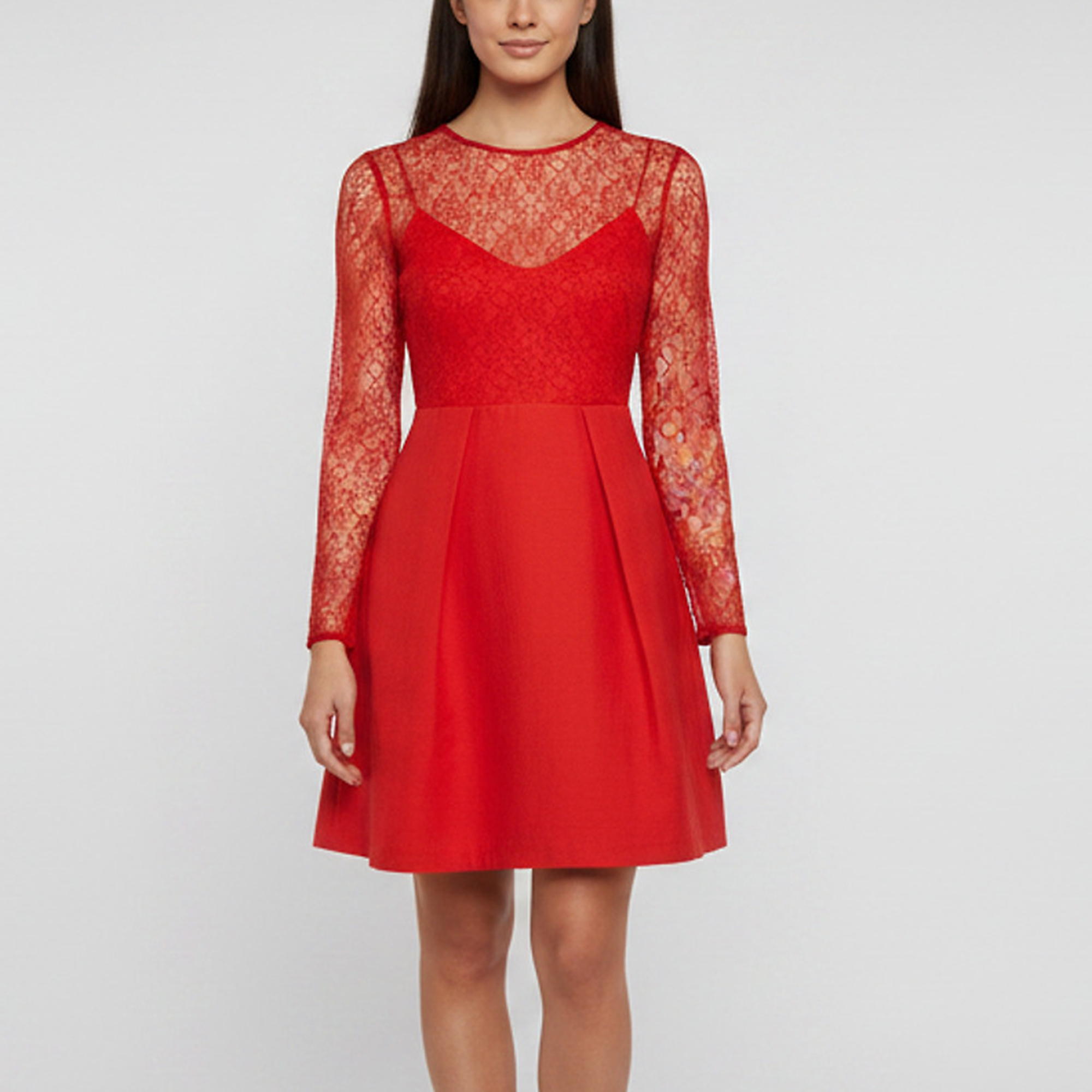 

Sandro Red Corded Lace and Textured Crepe Pleated Mini Dress S