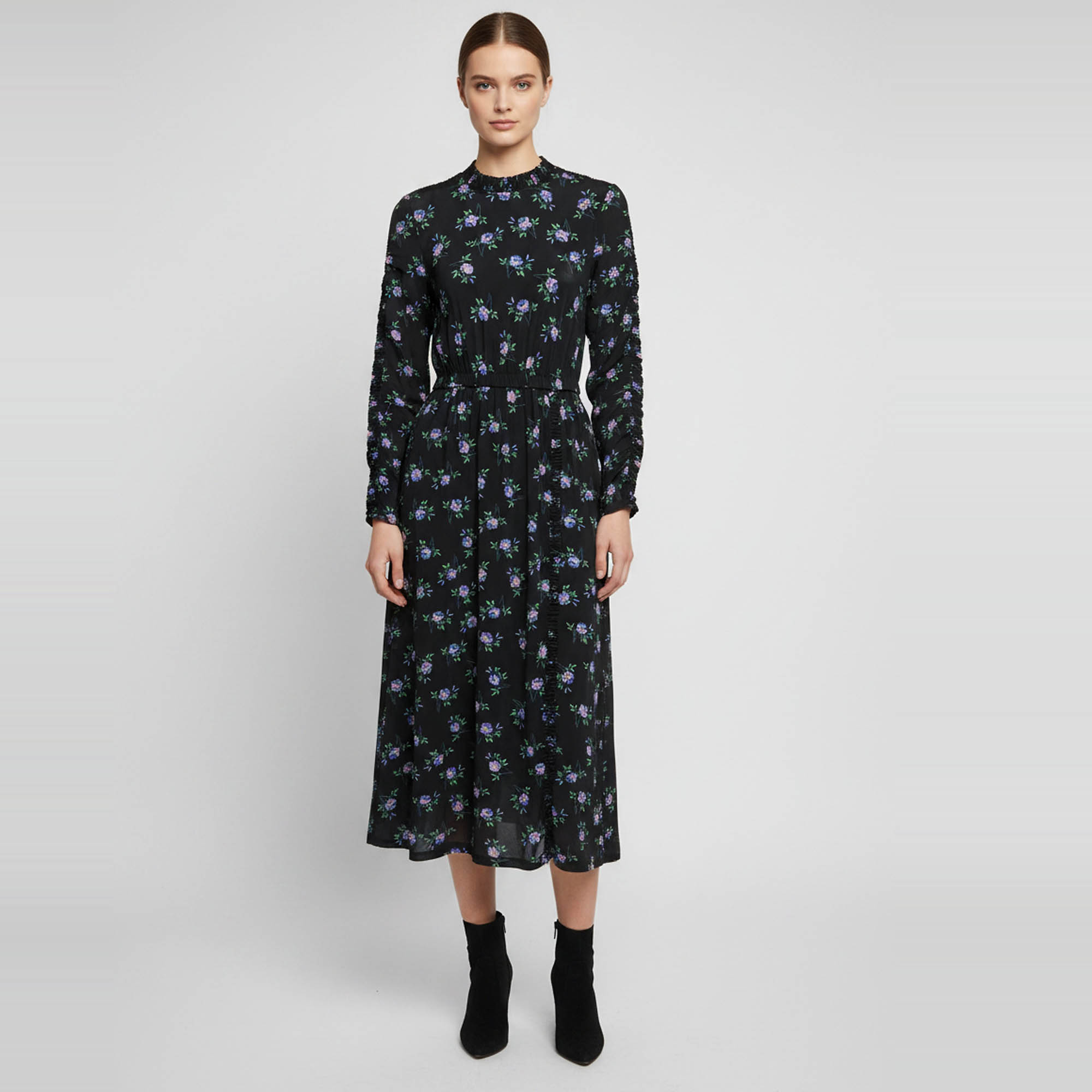 

Sandro Black Floral Print Jersey Ruffle Mock Neck Midi Dress M