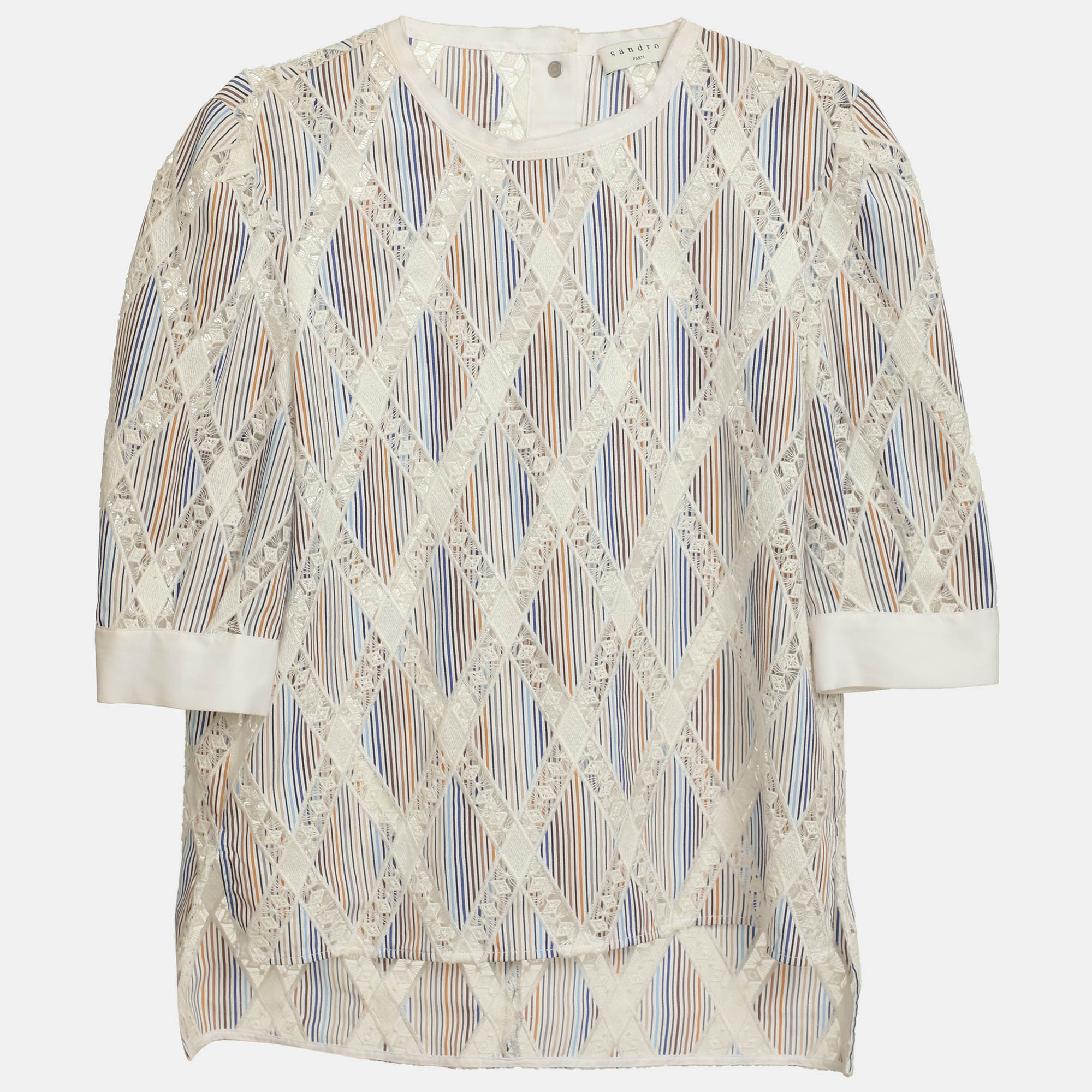 

Sandro White Multicolor Pinstriped Geometric Lace Panels Round Neck Tops S