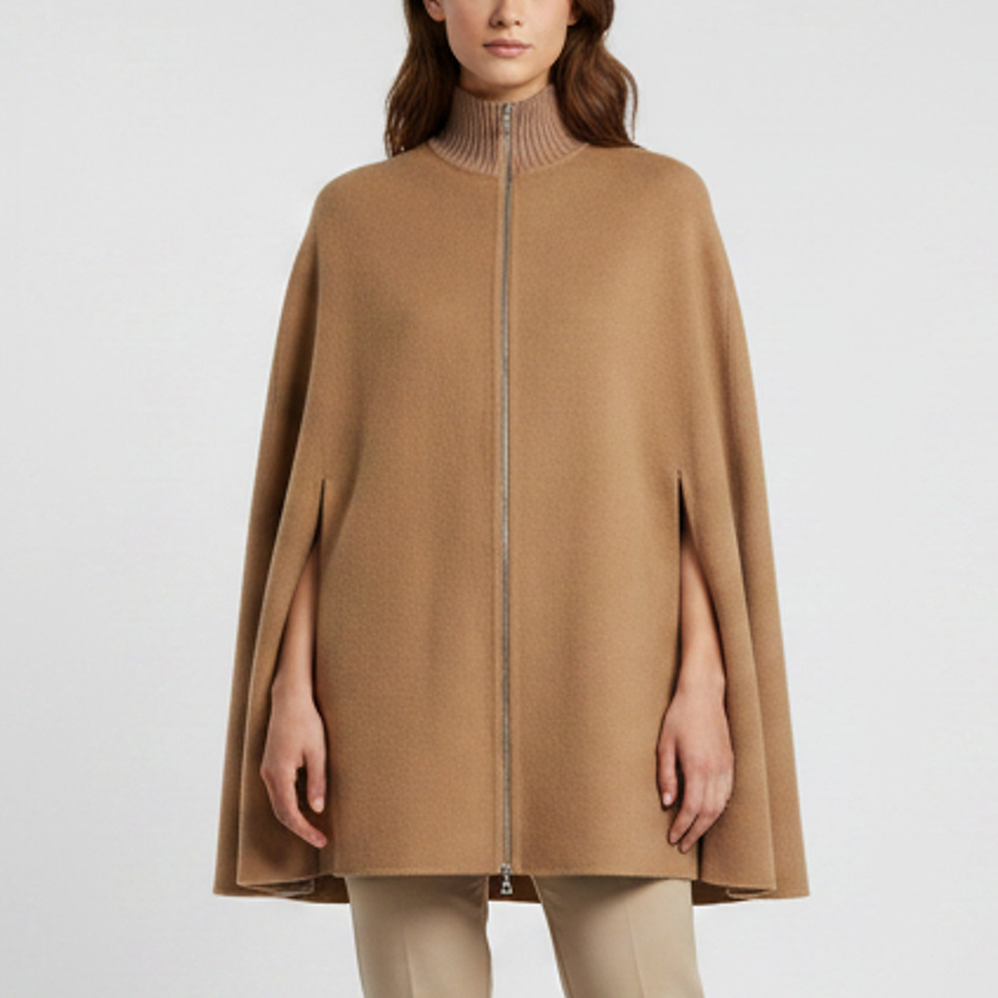 Pre-owned Sandro Beige Felt And Rib Knit Zip-up Cape Coat S