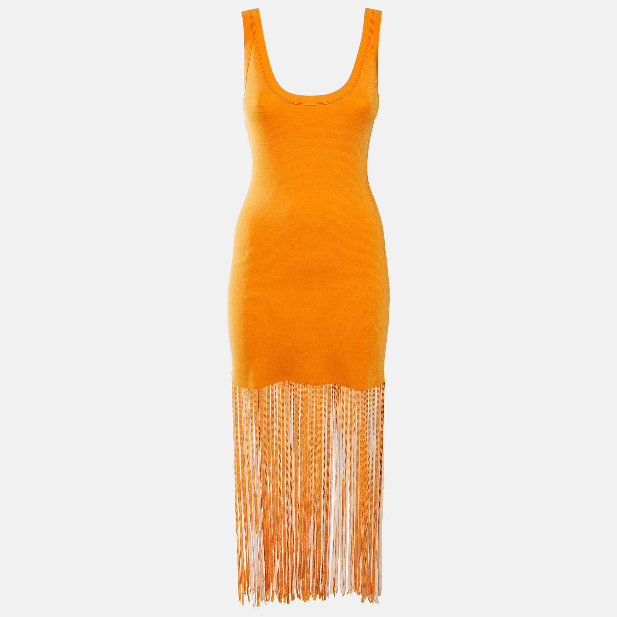 

Sandro Orange Stretch Knit Fringed Midi Dress S