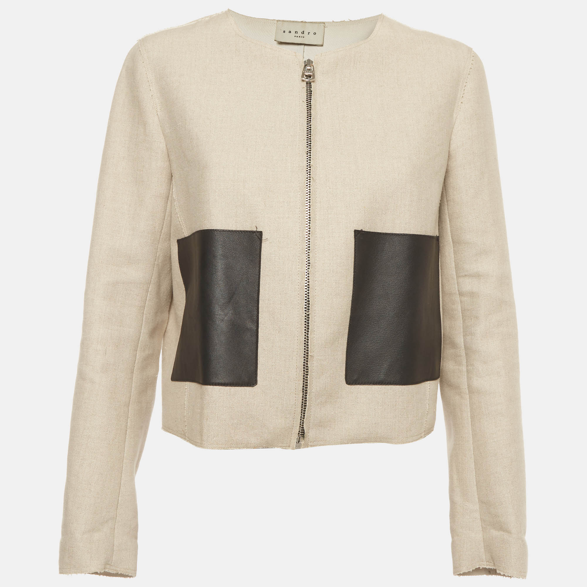 Pre-owned Sandro Beige Linen Blend Leather Trim Zip-up Jacket L