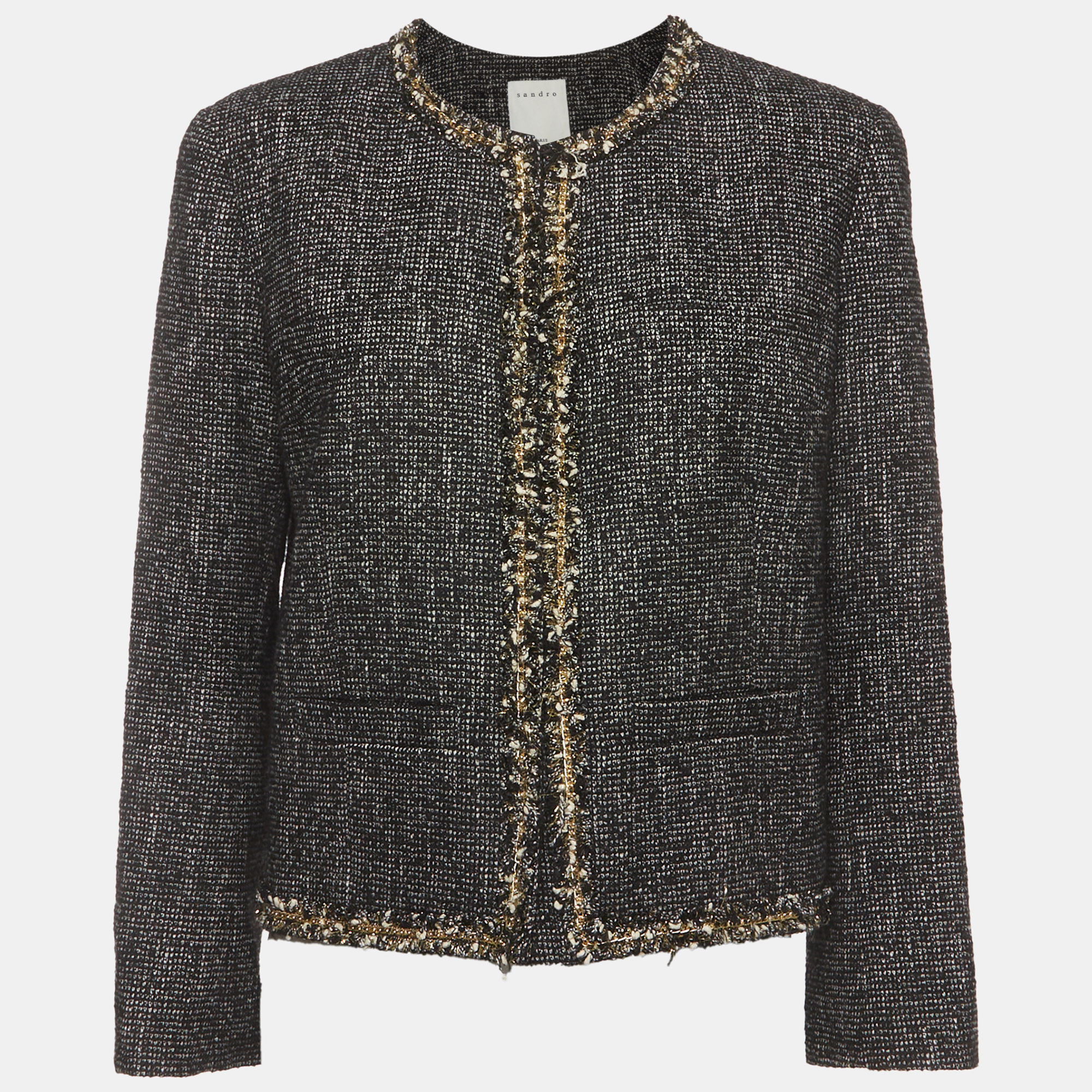 Pre Owned Sandro Grey Tweed Metallic Chain Trim Cropped Jacket L